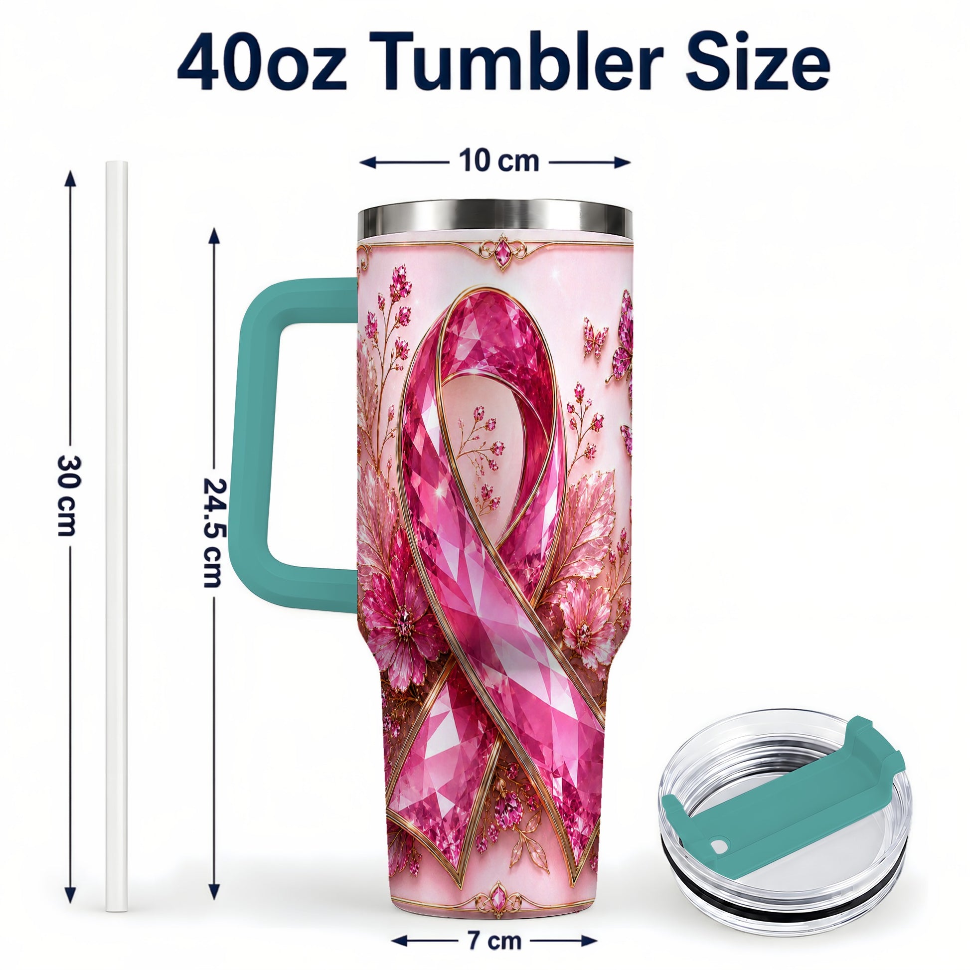 #pl[40oz|Green] Botanical Ribbon 40oz Tumbler with Handle, Stainless Steel Travel Cup