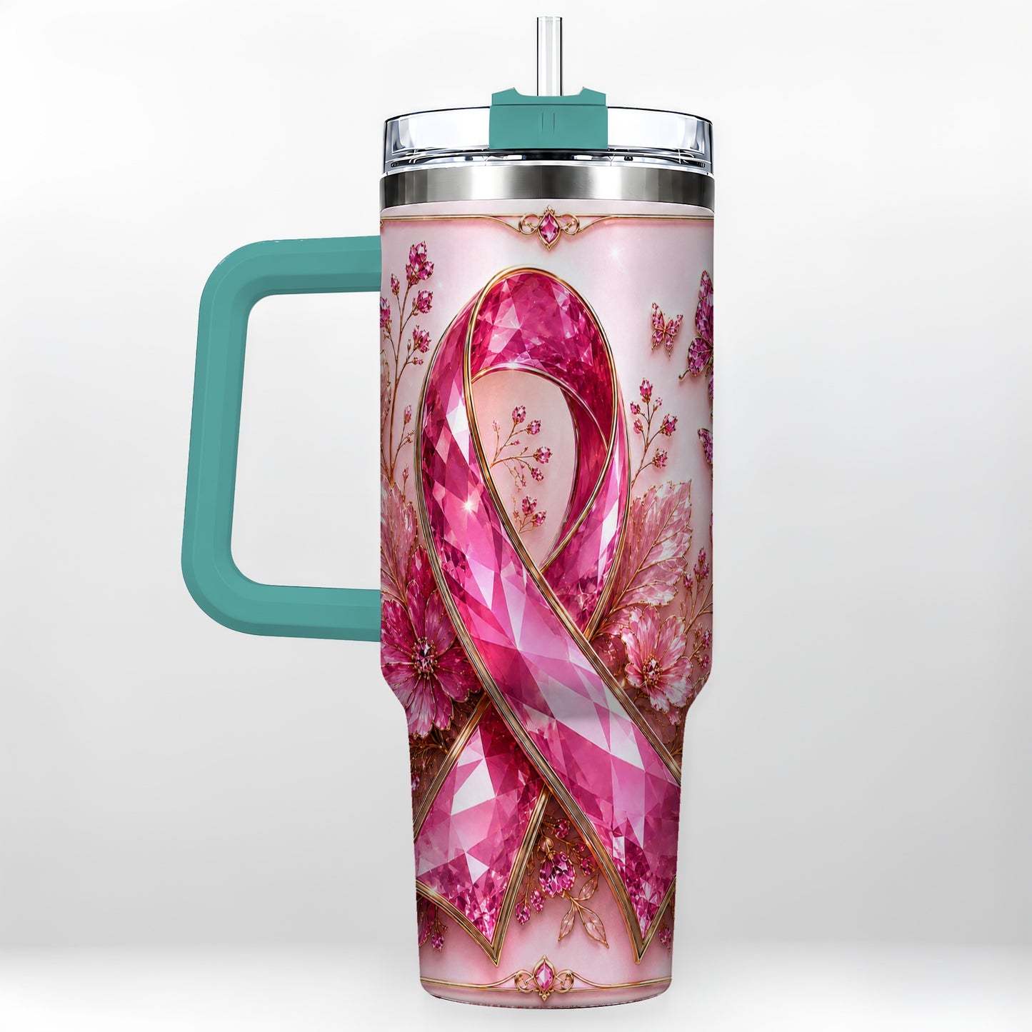 #pl[40oz|Green] Botanical Ribbon 40oz Tumbler with Handle, Stainless Steel Travel Cup
