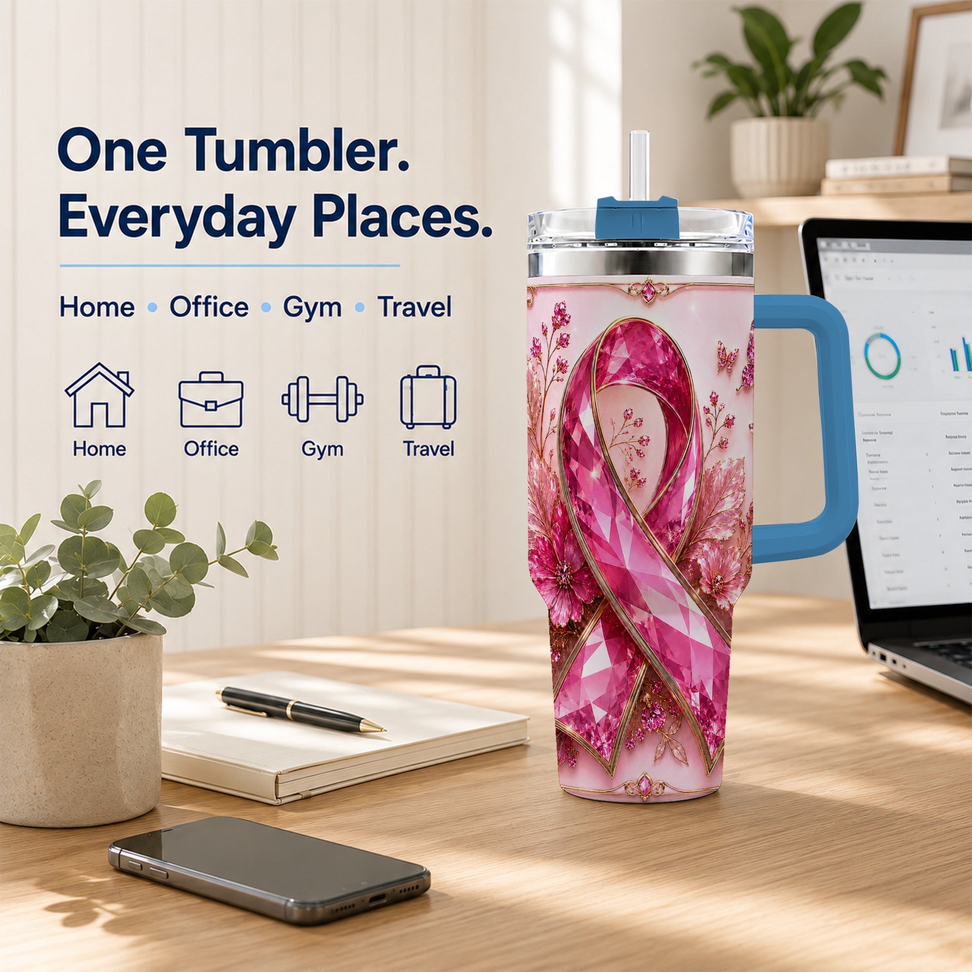 #pl[40oz|Blue] Botanical Ribbon 40oz Tumbler with Handle, Stainless Steel Travel Cup