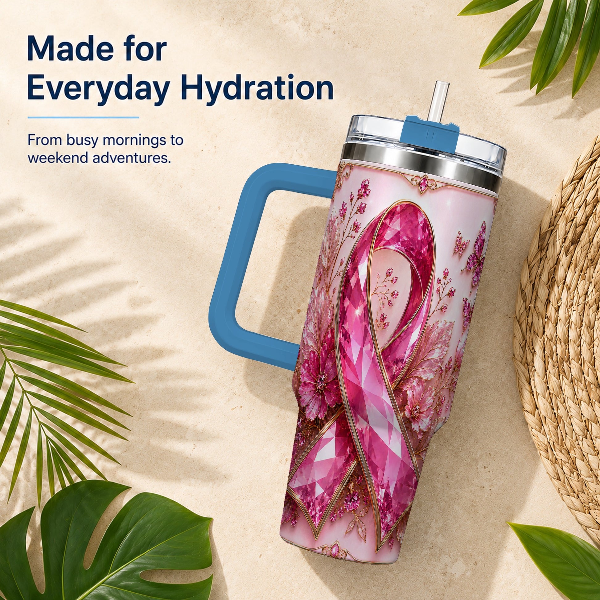 #pl[40oz|Blue] Botanical Ribbon 40oz Tumbler with Handle, Stainless Steel Travel Cup