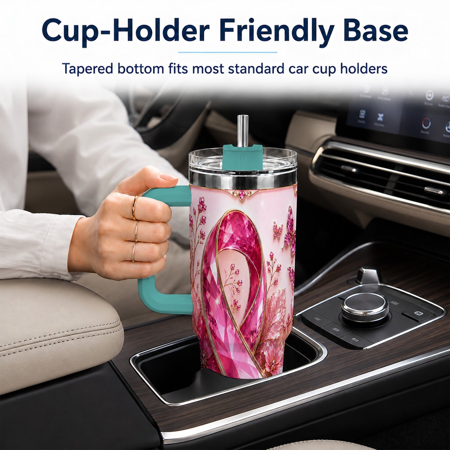 #pl[40oz|Green] Botanical Ribbon 40oz Tumbler with Handle, Stainless Steel Travel Cup
