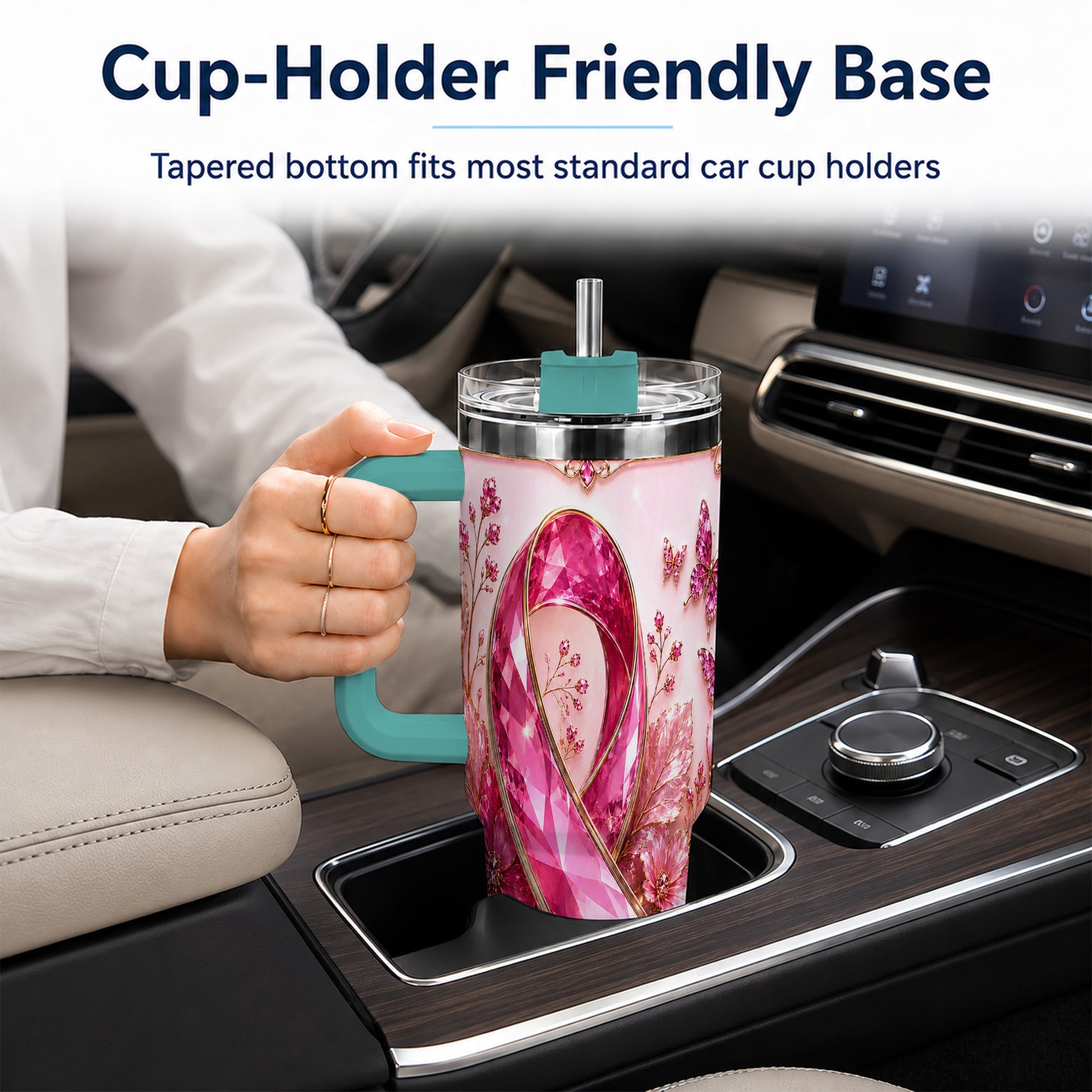 #pl[40oz|Green] Botanical Ribbon 40oz Tumbler with Handle, Stainless Steel Travel Cup