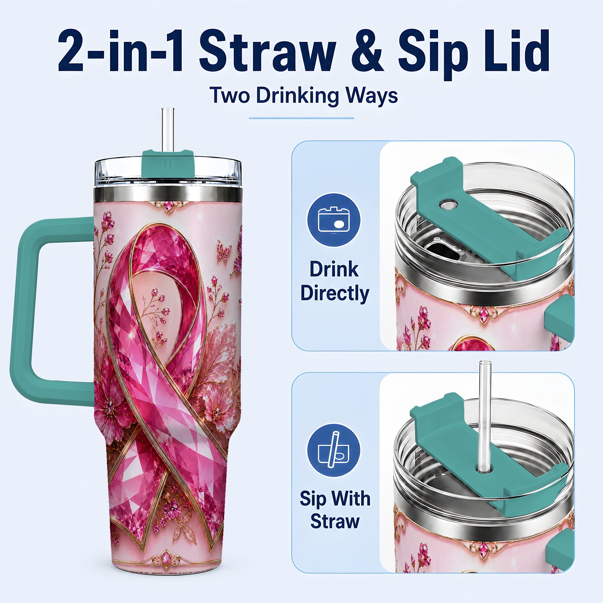 #pl[40oz|Green] Botanical Ribbon 40oz Tumbler with Handle, Stainless Steel Travel Cup