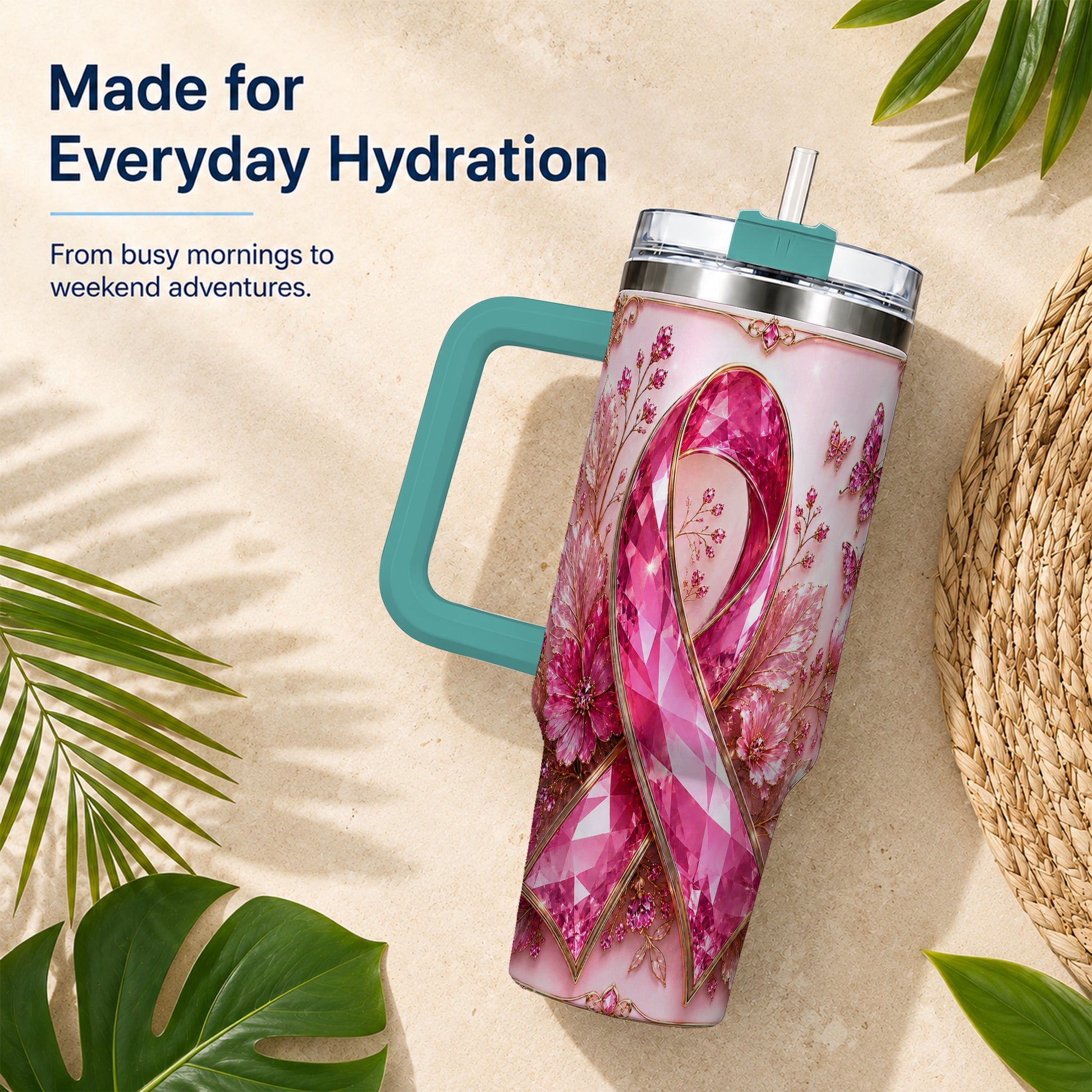 #pl[40oz|Green] Botanical Ribbon 40oz Tumbler with Handle, Stainless Steel Travel Cup