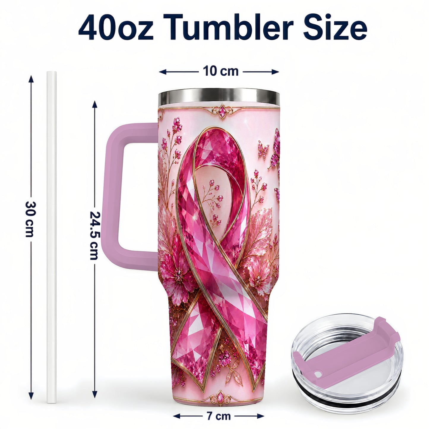 #pl[40oz|Pink] Botanical Ribbon 40oz Tumbler with Handle, Stainless Steel Travel Cup