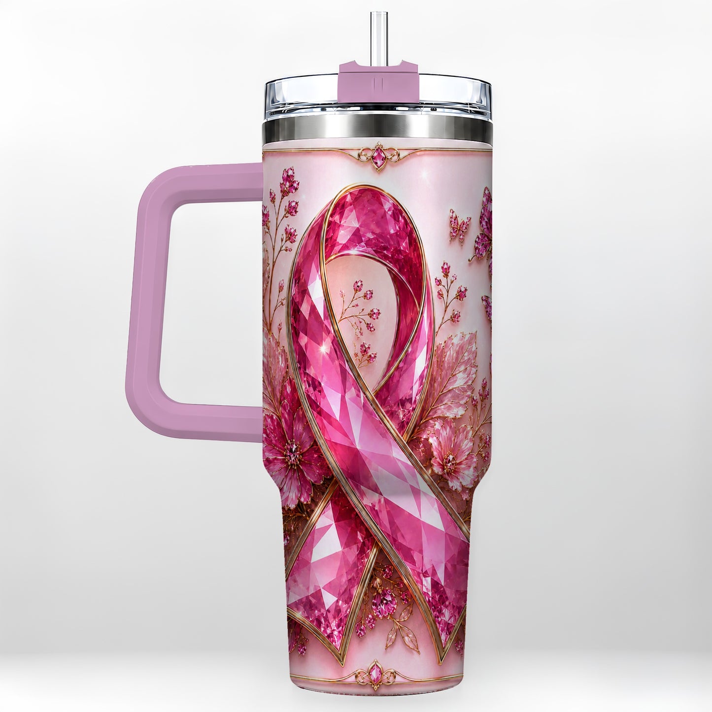 #pl[40oz|Pink] Botanical Ribbon 40oz Tumbler with Handle, Stainless Steel Travel Cup