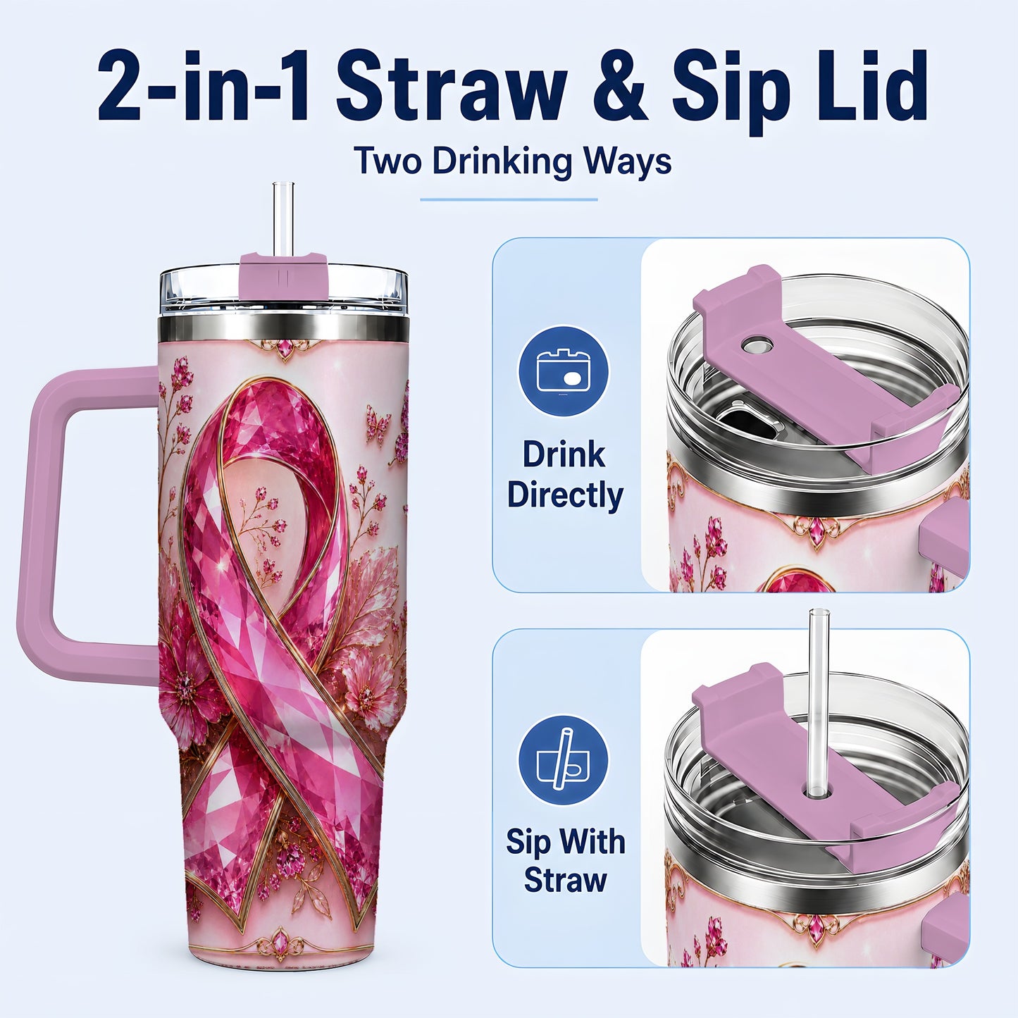 #pl[40oz|Pink] Botanical Ribbon 40oz Tumbler with Handle, Stainless Steel Travel Cup
