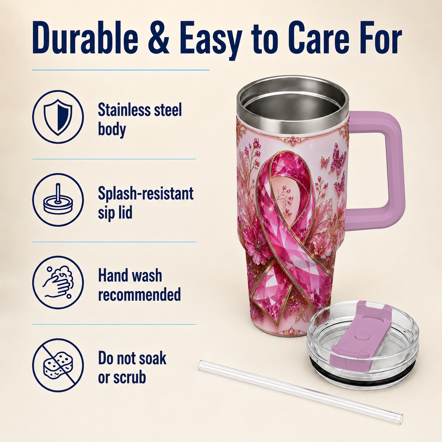 #pl[40oz|Pink] Botanical Ribbon 40oz Tumbler with Handle, Stainless Steel Travel Cup