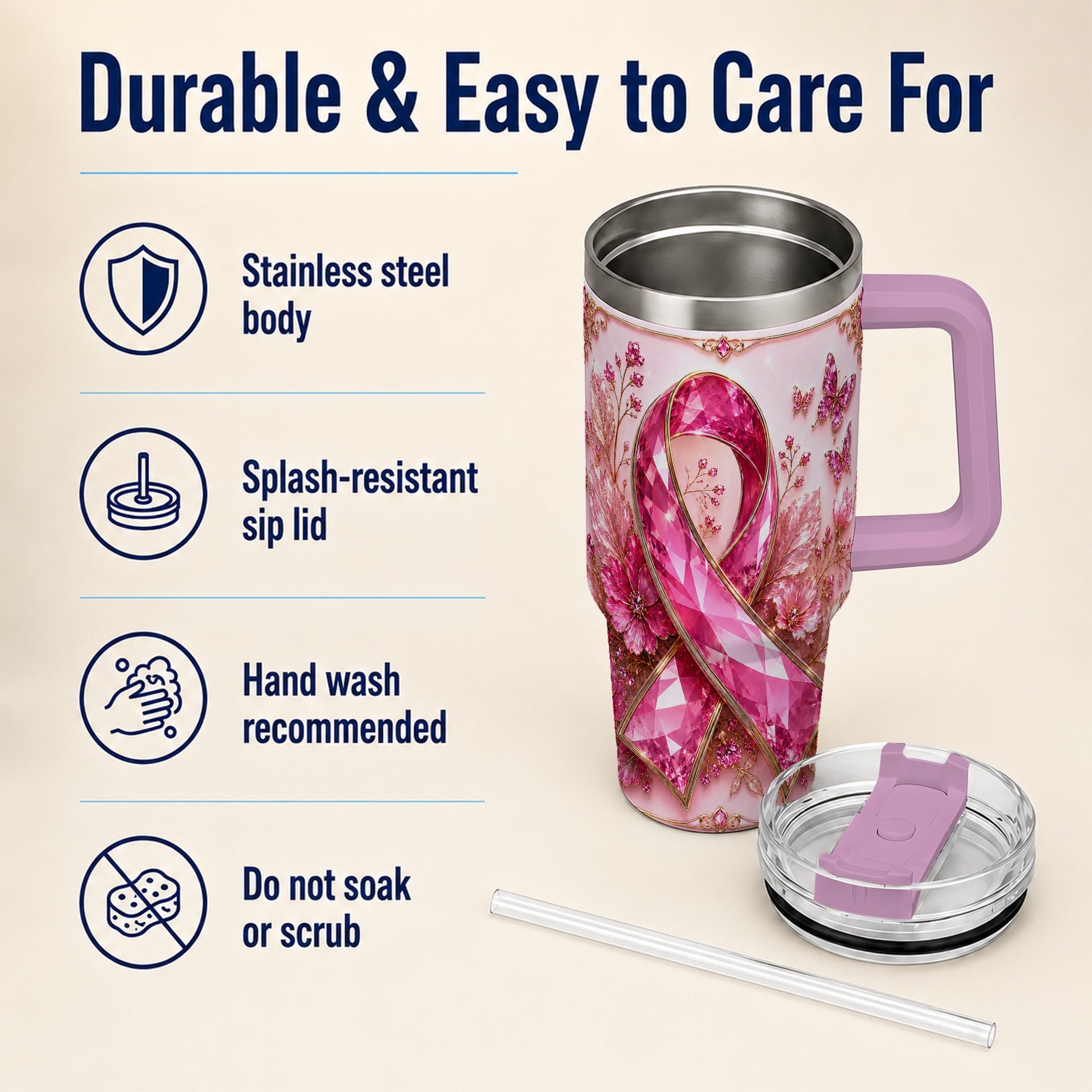 #pl[40oz|Pink] Botanical Ribbon 40oz Tumbler with Handle, Stainless Steel Travel Cup