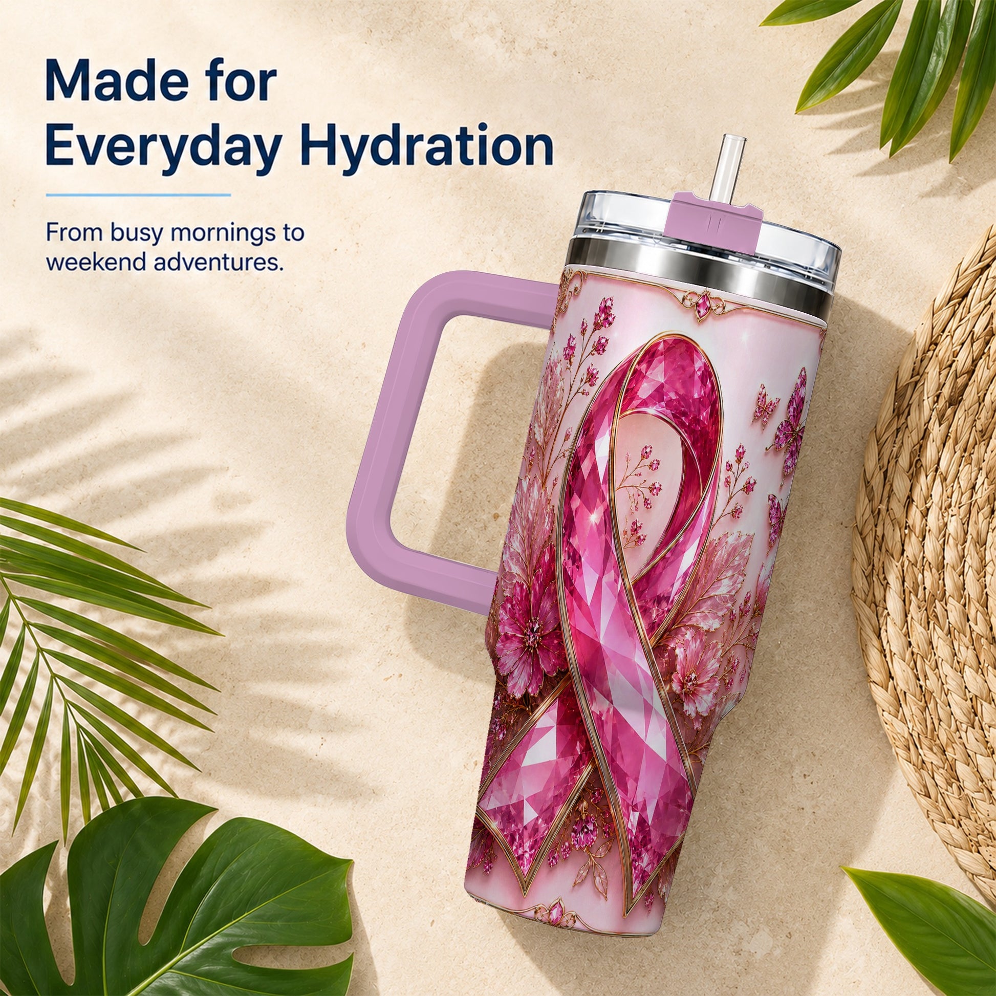 #pl[40oz|Pink] Botanical Ribbon 40oz Tumbler with Handle, Stainless Steel Travel Cup