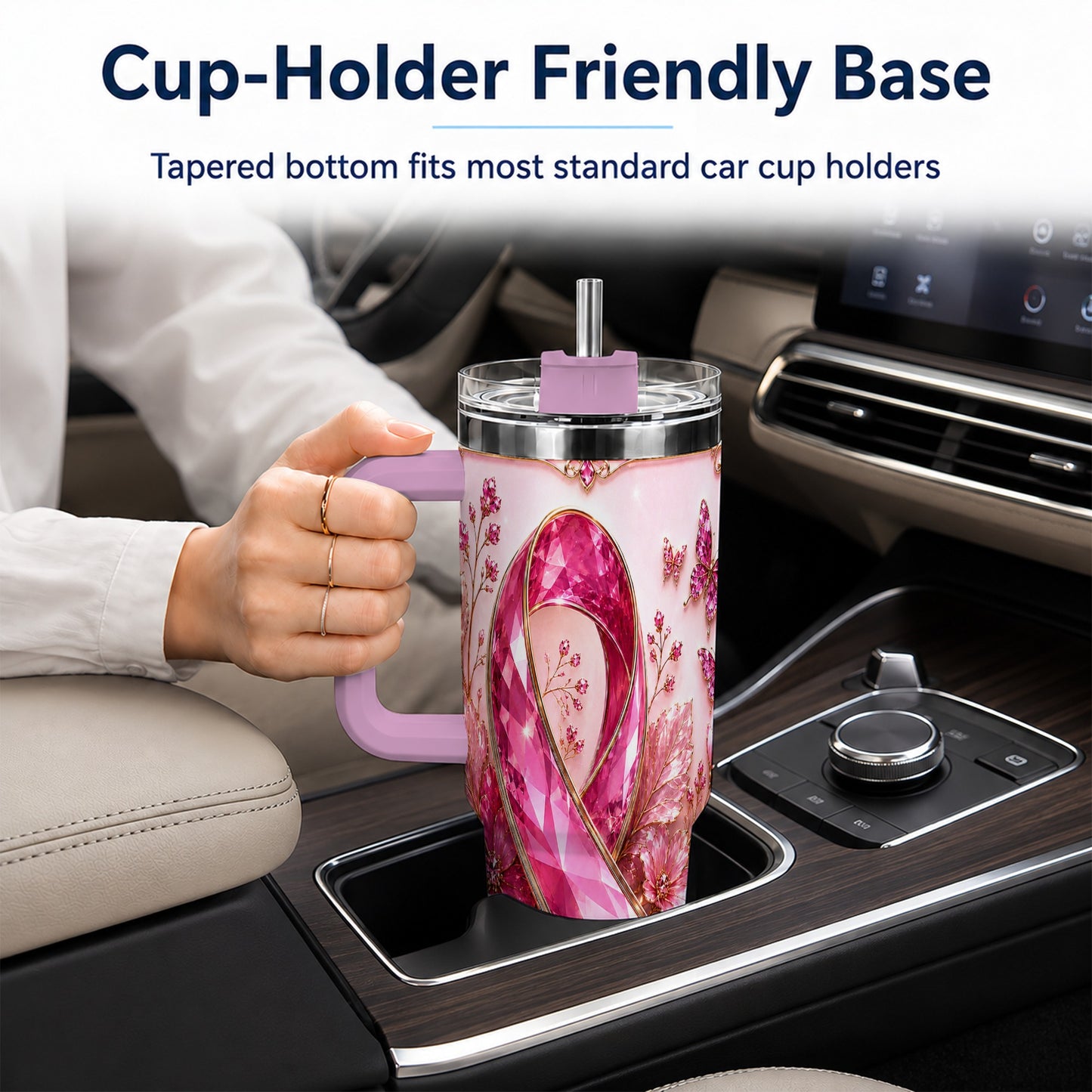 #pl[40oz|Pink] Botanical Ribbon 40oz Tumbler with Handle, Stainless Steel Travel Cup