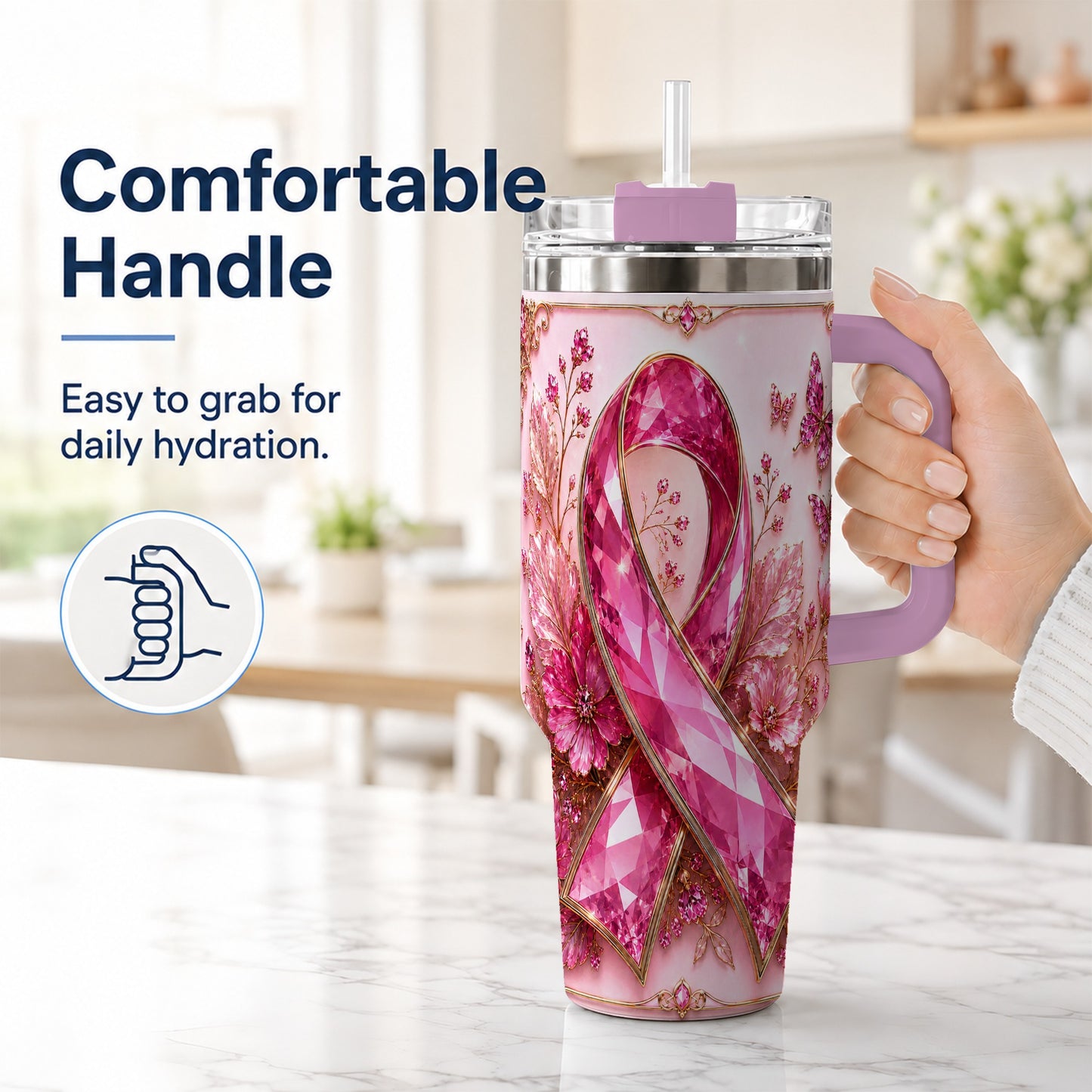 #pl[40oz|Pink] Botanical Ribbon 40oz Tumbler with Handle, Stainless Steel Travel Cup