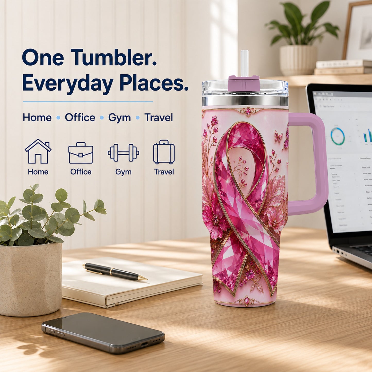 #pl[40oz|Pink] Botanical Ribbon 40oz Tumbler with Handle, Stainless Steel Travel Cup