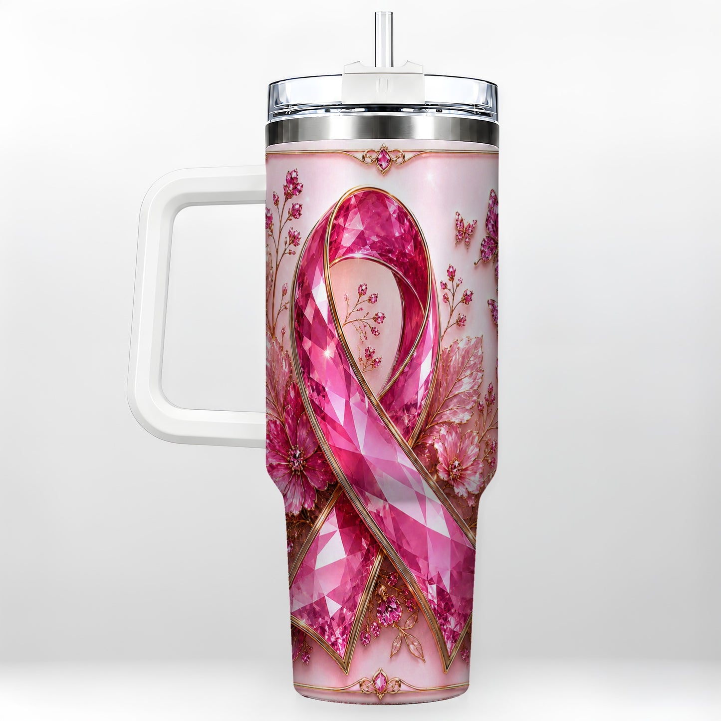 #pl[40oz|White] Botanical Ribbon 40oz Tumbler with Handle, Stainless Steel Travel Cup