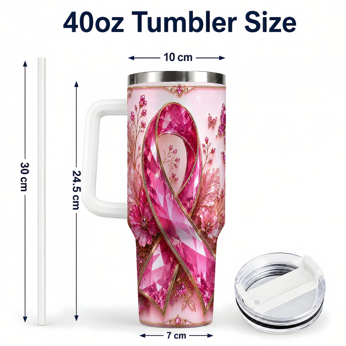 #pl[40oz|White] Botanical Ribbon 40oz Tumbler with Handle, Stainless Steel Travel Cup
