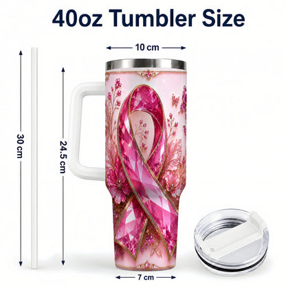 #pl[40oz|White] Botanical Ribbon 40oz Tumbler with Handle, Stainless Steel Travel Cup