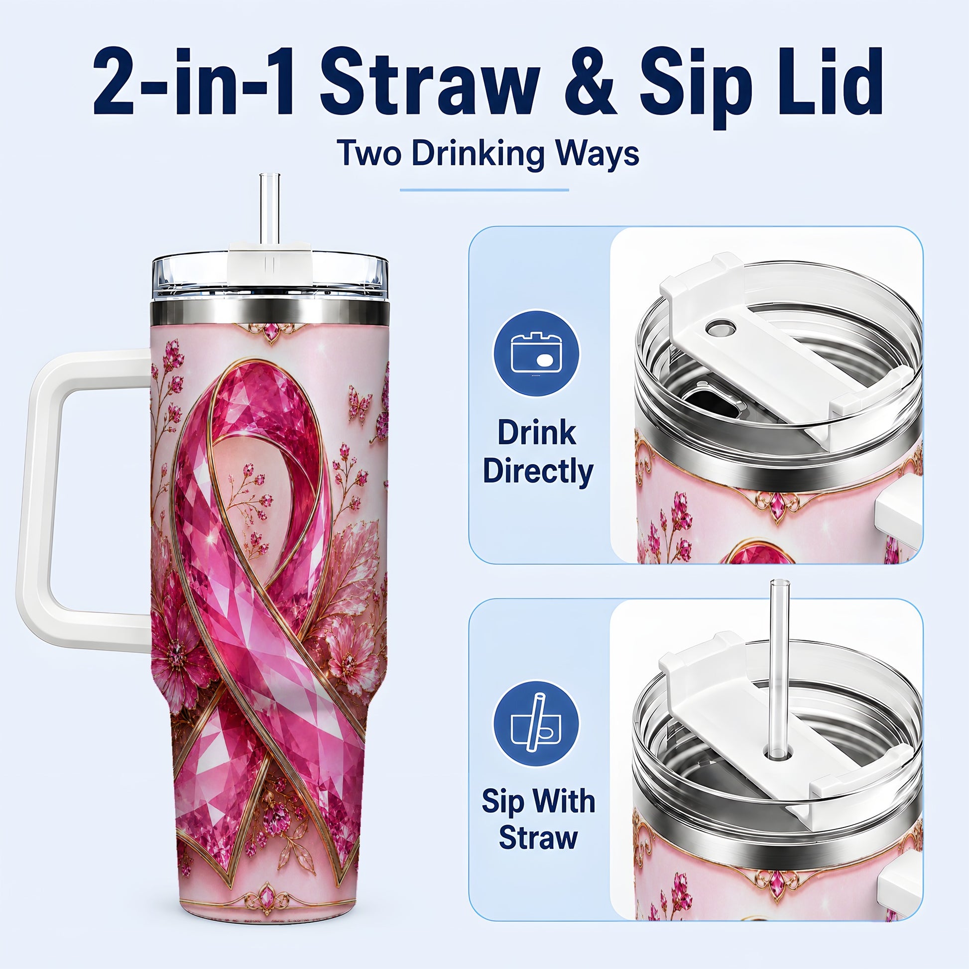#pl[40oz|White] Botanical Ribbon 40oz Tumbler with Handle, Stainless Steel Travel Cup