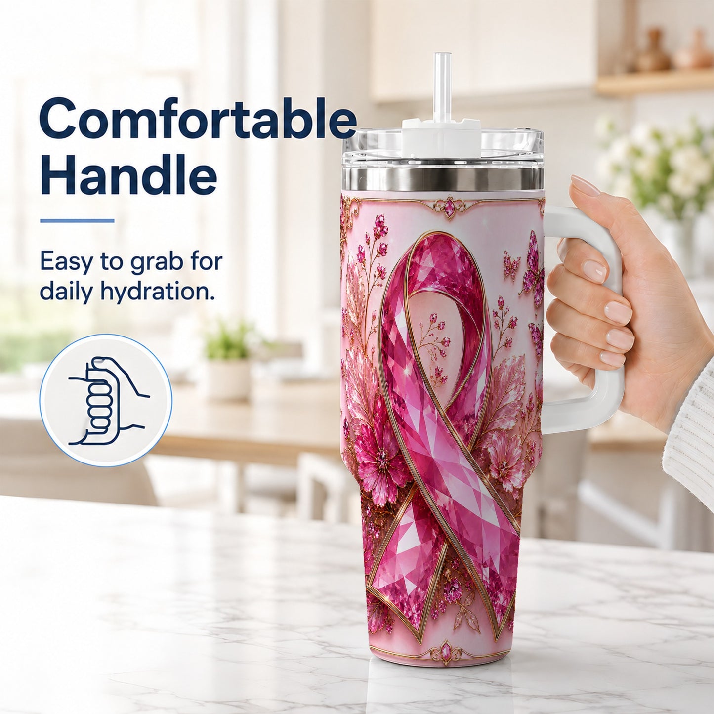 #pl[40oz|White] Botanical Ribbon 40oz Tumbler with Handle, Stainless Steel Travel Cup