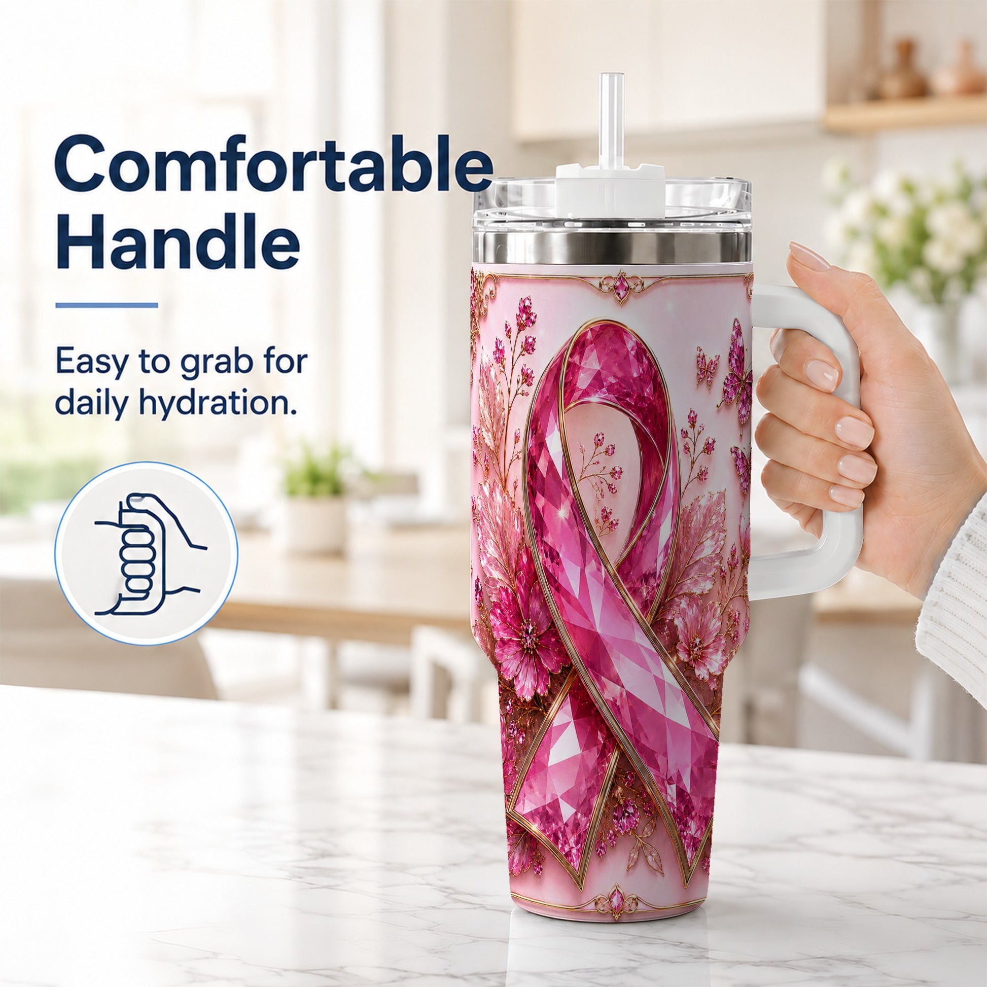 #pl[40oz|White] Botanical Ribbon 40oz Tumbler with Handle, Stainless Steel Travel Cup