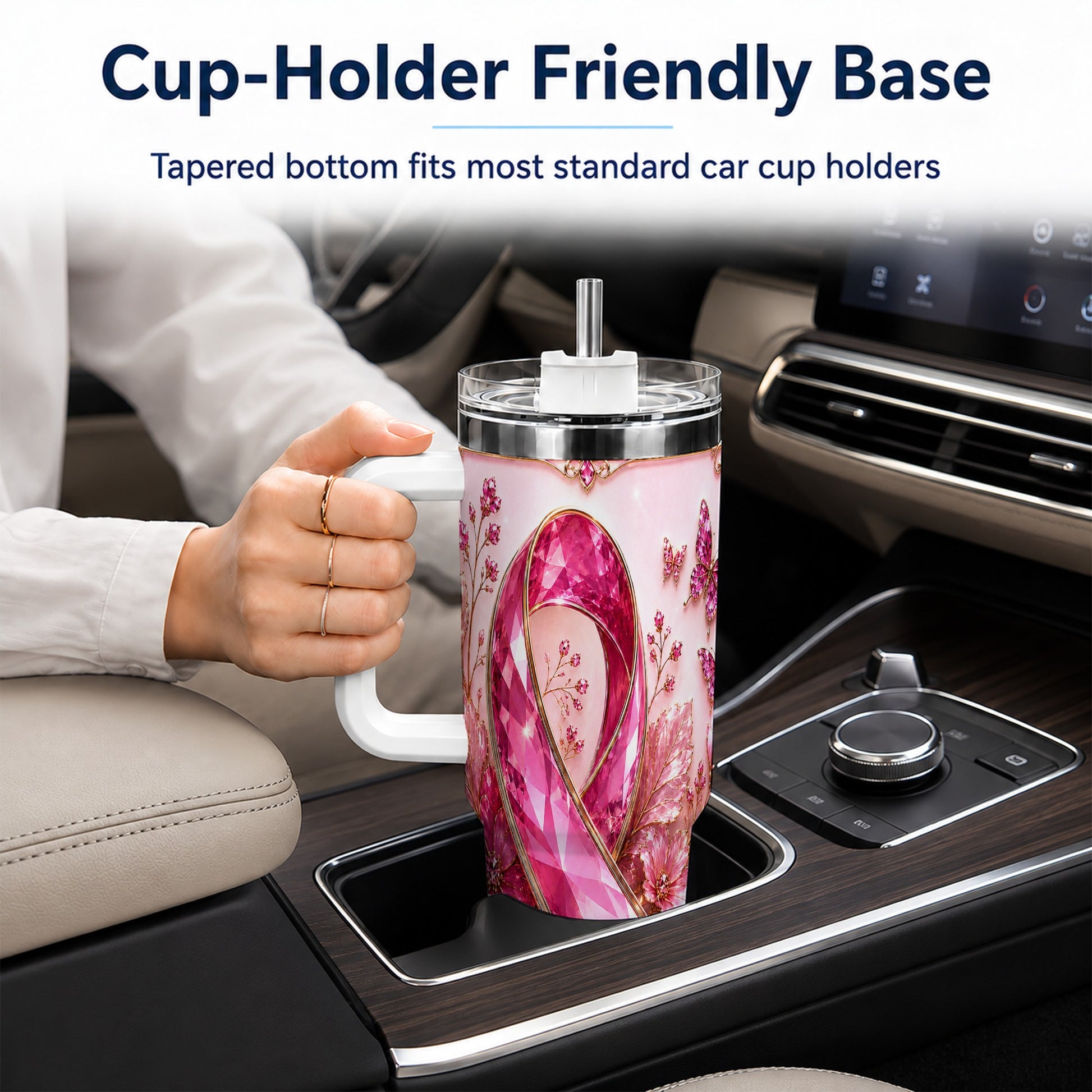 #pl[40oz|White] Botanical Ribbon 40oz Tumbler with Handle, Stainless Steel Travel Cup