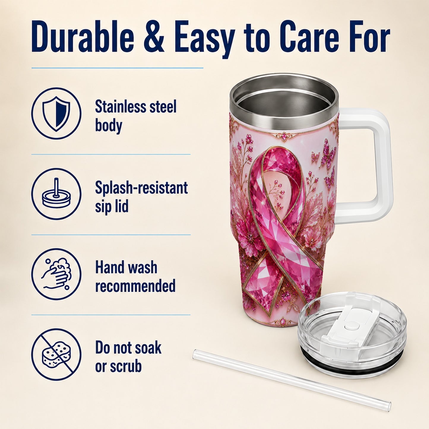 #pl[40oz|White] Botanical Ribbon 40oz Tumbler with Handle, Stainless Steel Travel Cup