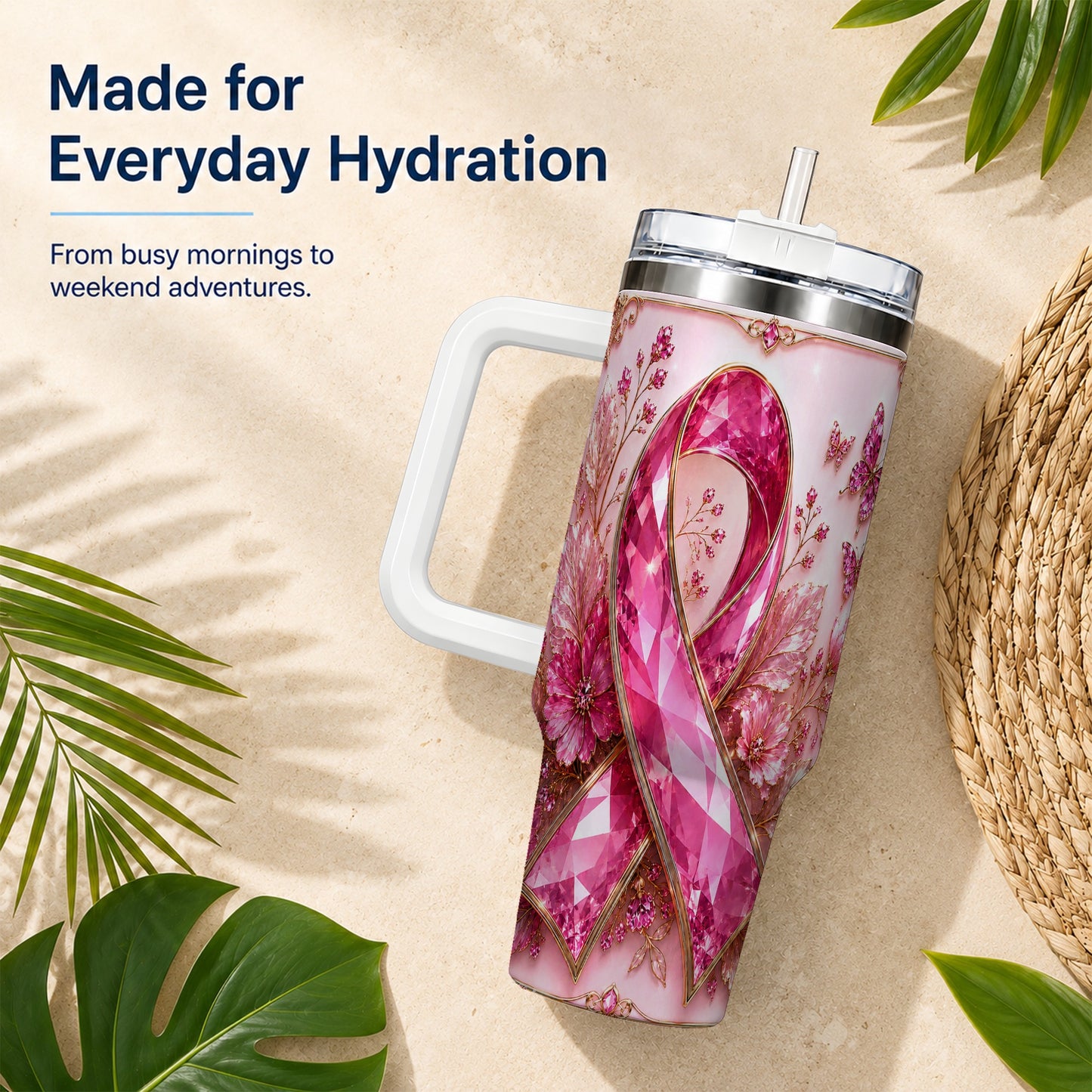 #pl[40oz|White] Botanical Ribbon 40oz Tumbler with Handle, Stainless Steel Travel Cup