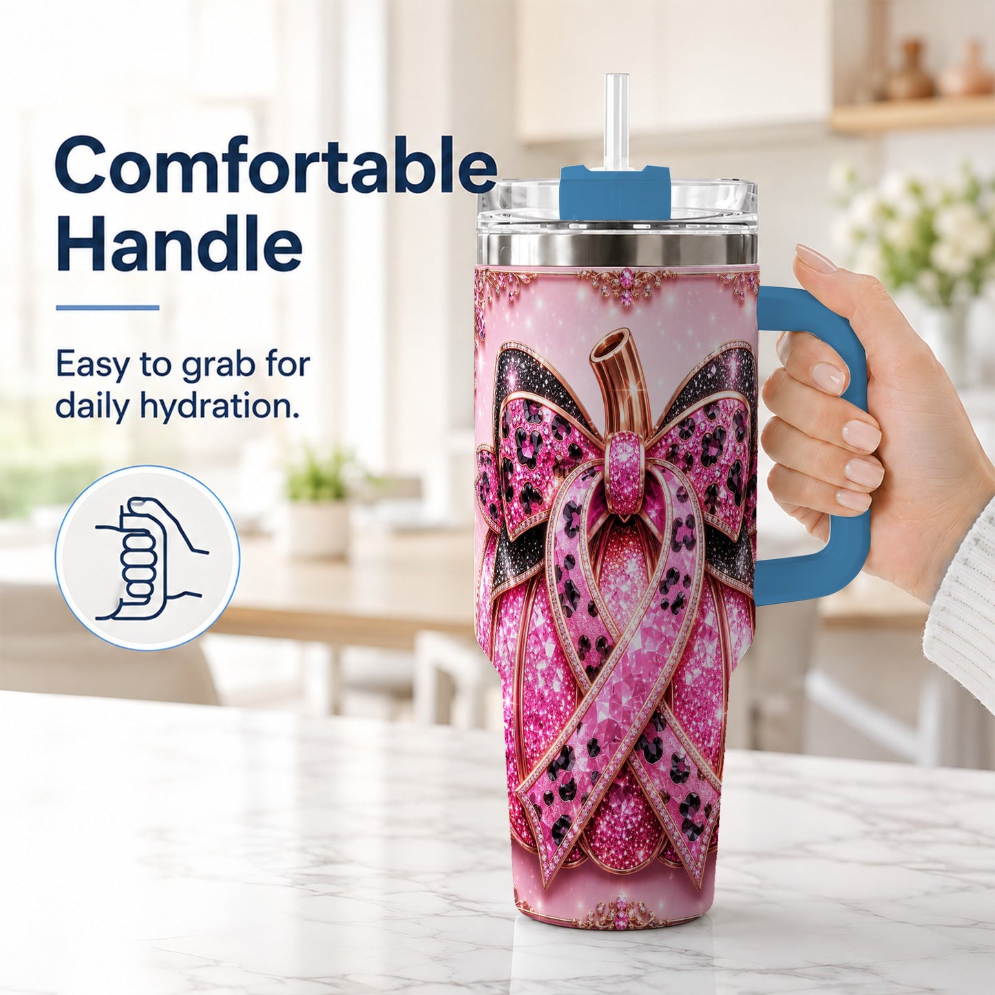 #pl[40oz|Blue] Ribbon Pumpkin 40oz Tumbler with Handle, Awareness Travel Cup