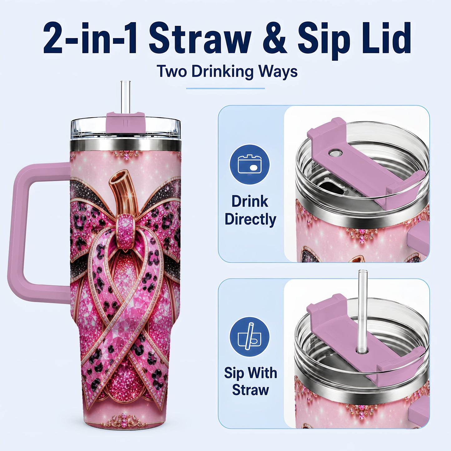#pl[40oz|Pink] Ribbon Pumpkin 40oz Tumbler with Handle, Awareness Travel Cup