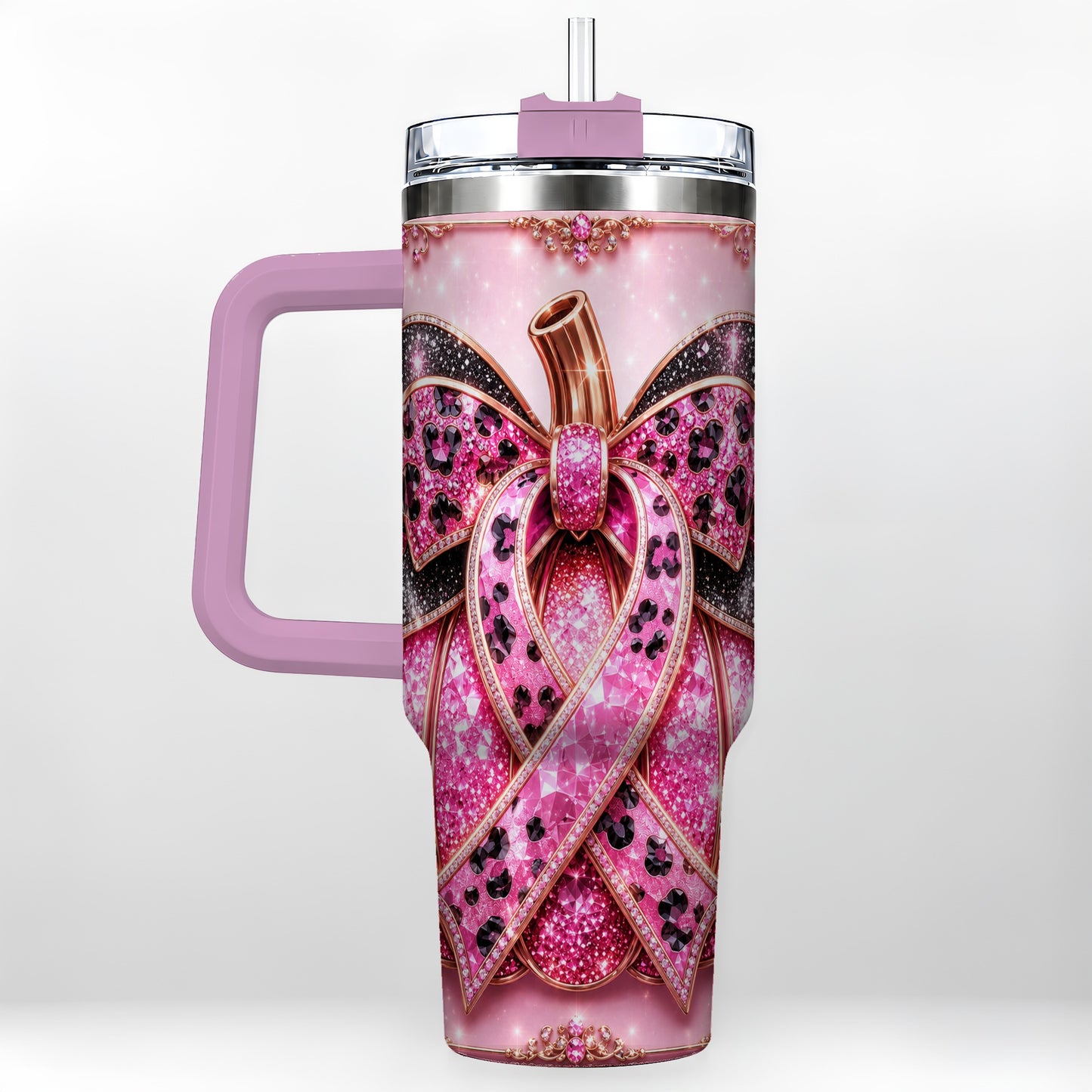 #pl[40oz|Pink] Ribbon Pumpkin 40oz Tumbler with Handle, Awareness Travel Cup