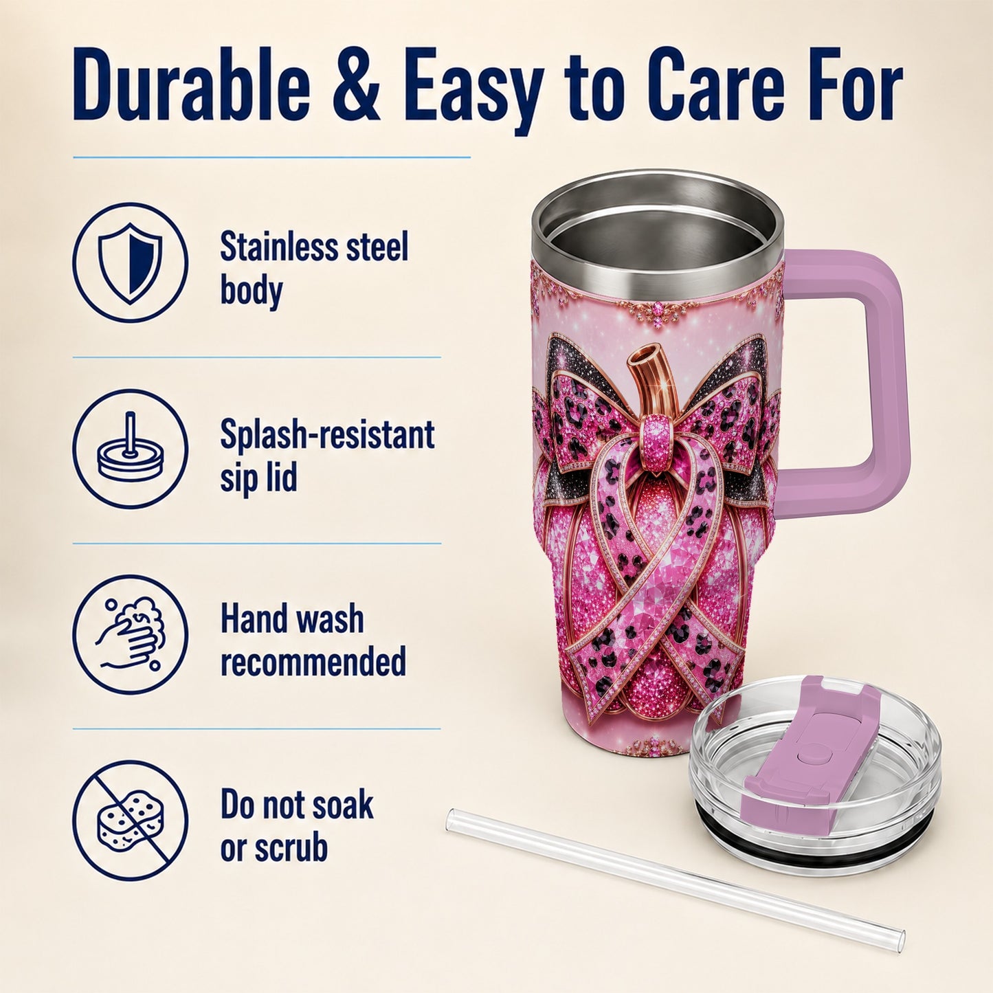 #pl[40oz|Pink] Ribbon Pumpkin 40oz Tumbler with Handle, Awareness Travel Cup