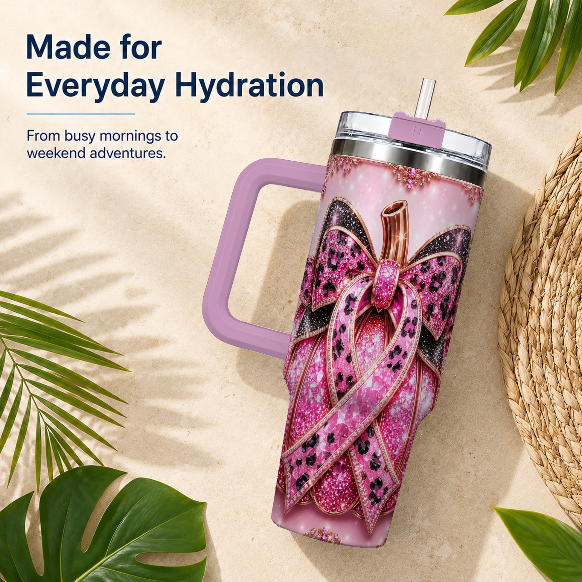 #pl[40oz|Pink] Ribbon Pumpkin 40oz Tumbler with Handle, Awareness Travel Cup