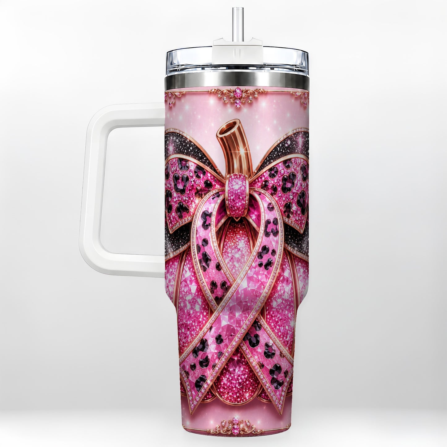 #pl[40oz|White] Ribbon Pumpkin 40oz Tumbler with Handle, Awareness Travel Cup