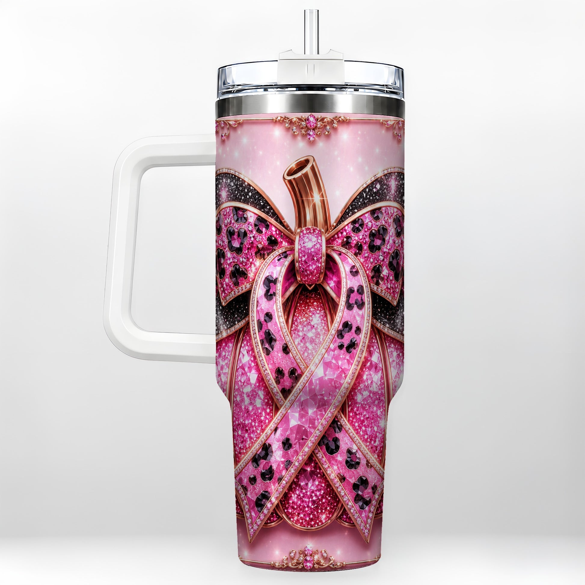 #pl[40oz|White] Ribbon Pumpkin 40oz Tumbler with Handle, Awareness Travel Cup