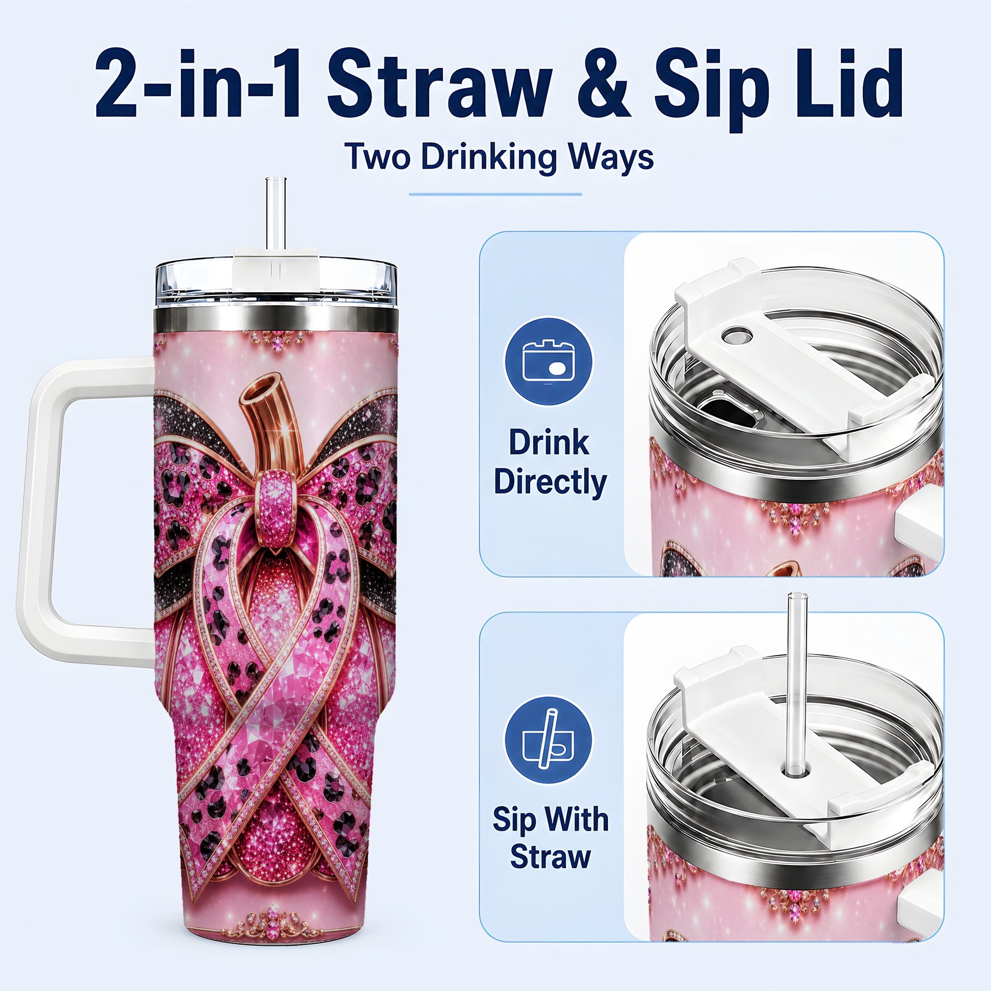 #pl[40oz|White] Ribbon Pumpkin 40oz Tumbler with Handle, Awareness Travel Cup