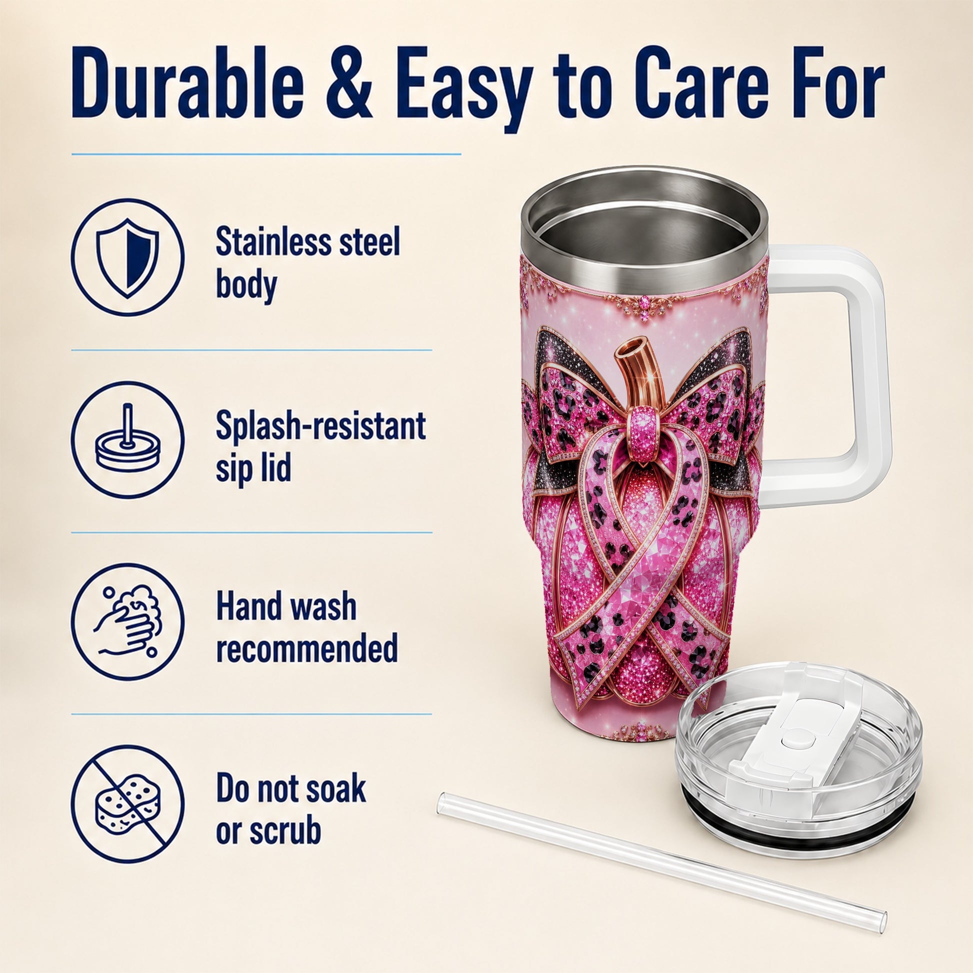 #pl[40oz|White] Ribbon Pumpkin 40oz Tumbler with Handle, Awareness Travel Cup