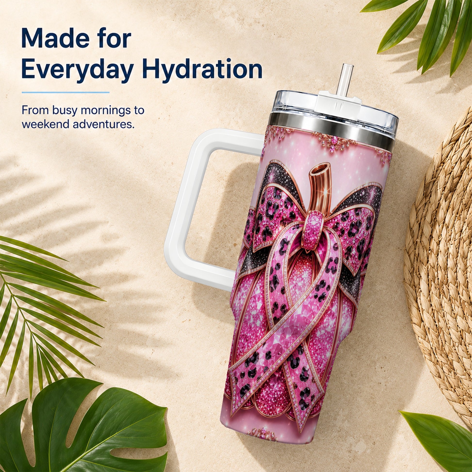 #pl[40oz|White] Ribbon Pumpkin 40oz Tumbler with Handle, Awareness Travel Cup