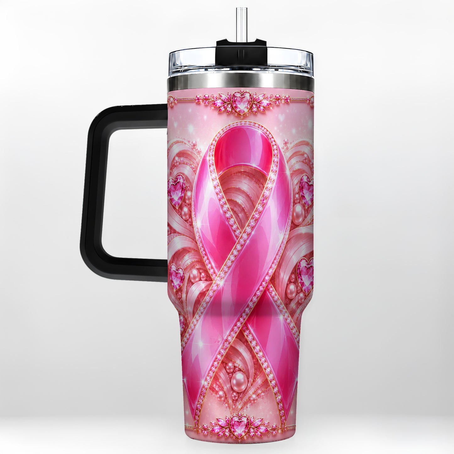 #pl[40oz|Black] Awareness Ribbon 40oz Tumbler with Handle, Heart Theme Travel Cup