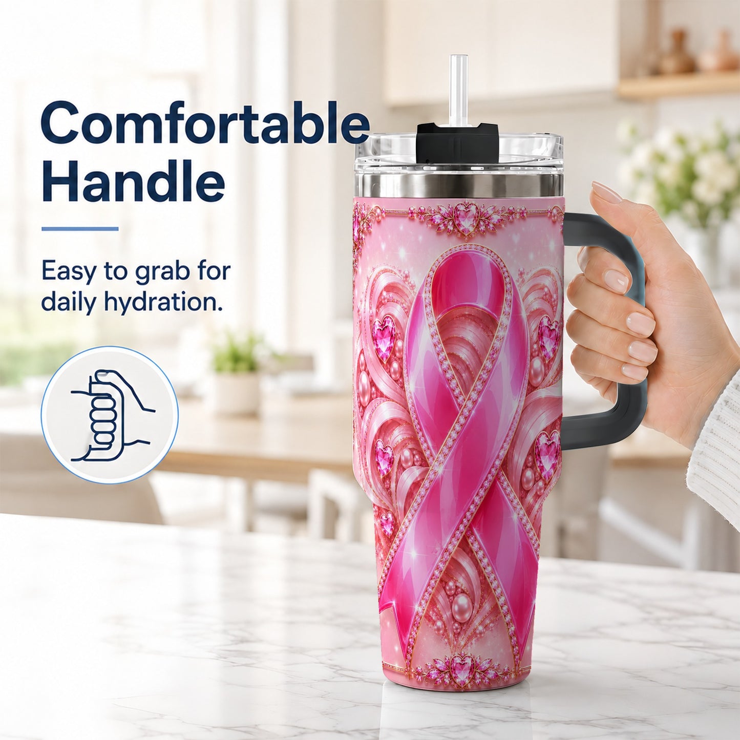 #pl[40oz|Black] Awareness Ribbon 40oz Tumbler with Handle, Heart Theme Travel Cup