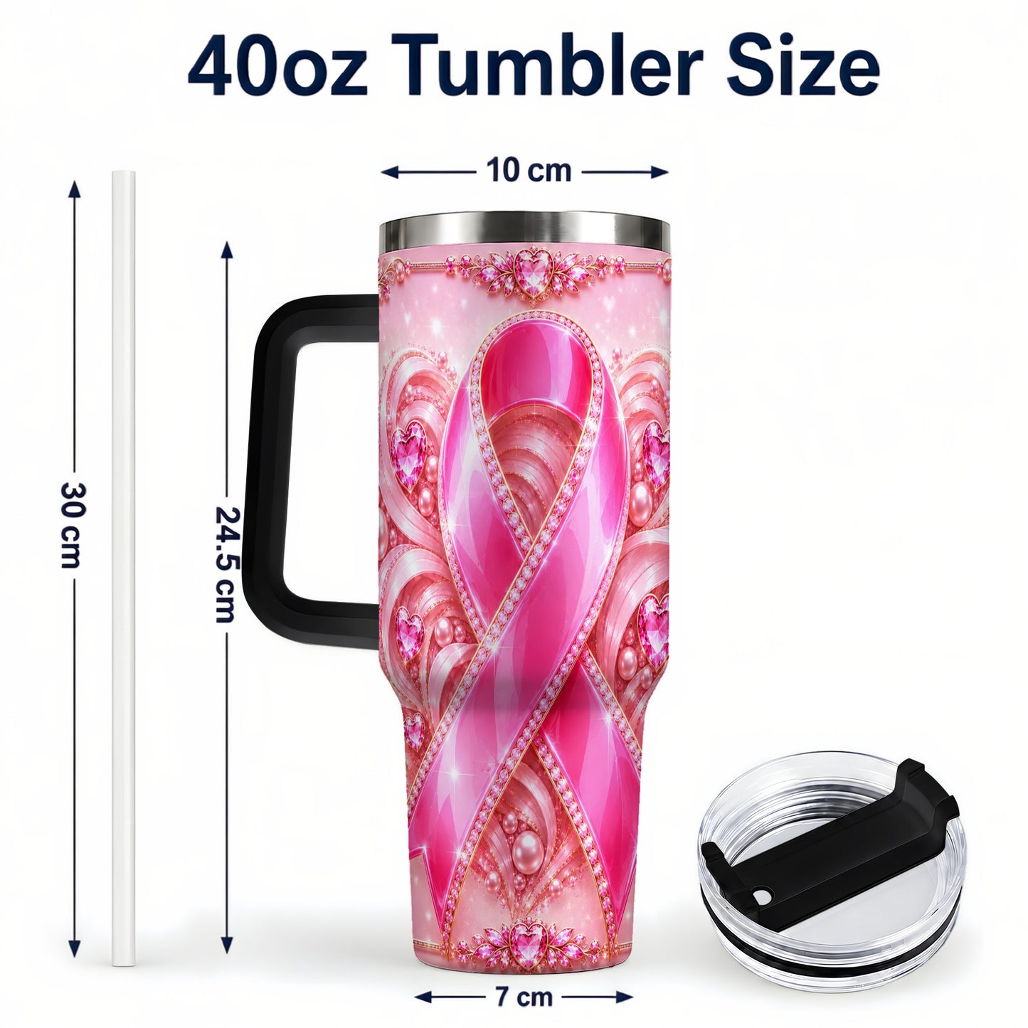 #pl[40oz|Black] Awareness Ribbon 40oz Tumbler with Handle, Heart Theme Travel Cup