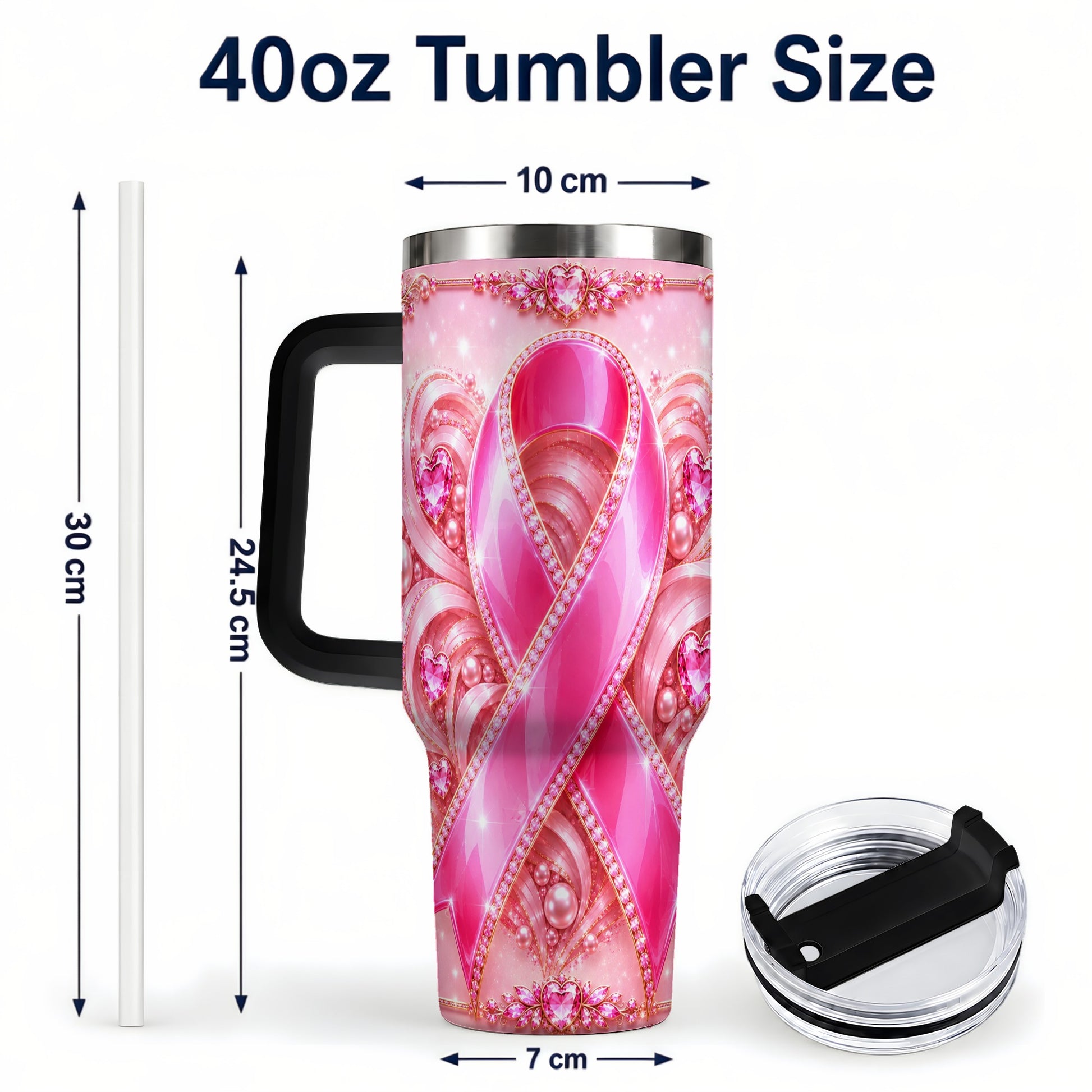 #pl[40oz|Black] Awareness Ribbon 40oz Tumbler with Handle, Heart Theme Travel Cup