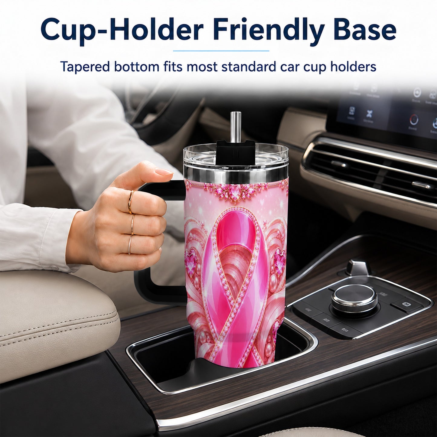 #pl[40oz|Black] Awareness Ribbon 40oz Tumbler with Handle, Heart Theme Travel Cup