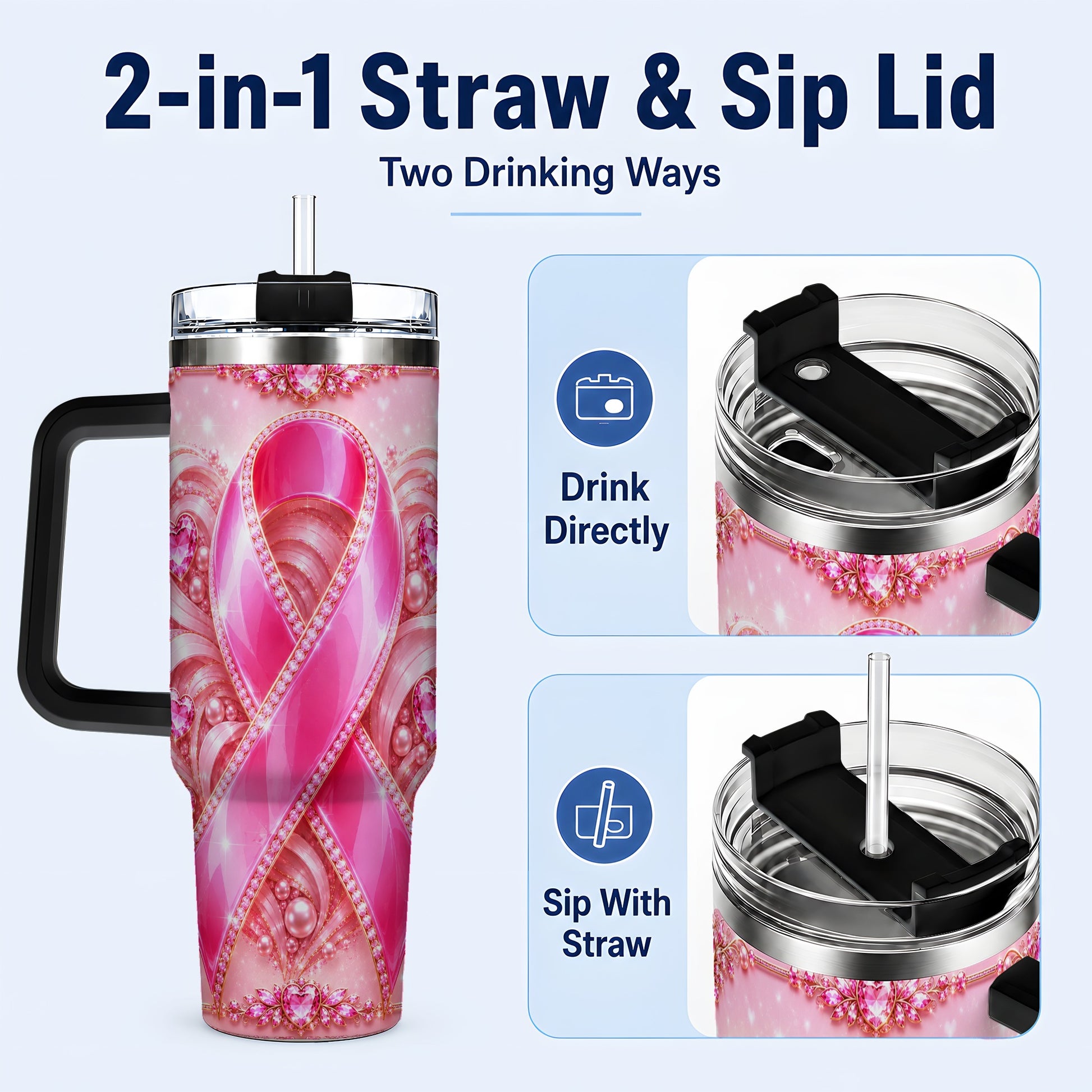 #pl[40oz|Black] Awareness Ribbon 40oz Tumbler with Handle, Heart Theme Travel Cup