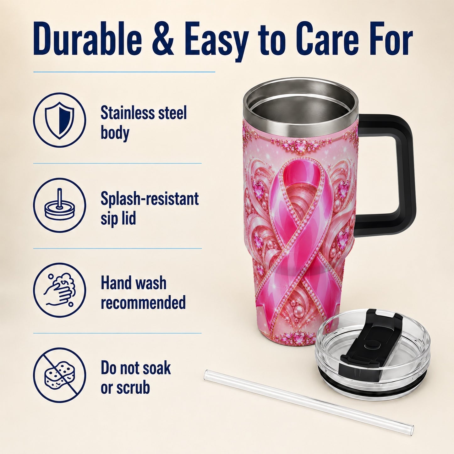 #pl[40oz|Black] Awareness Ribbon 40oz Tumbler with Handle, Heart Theme Travel Cup