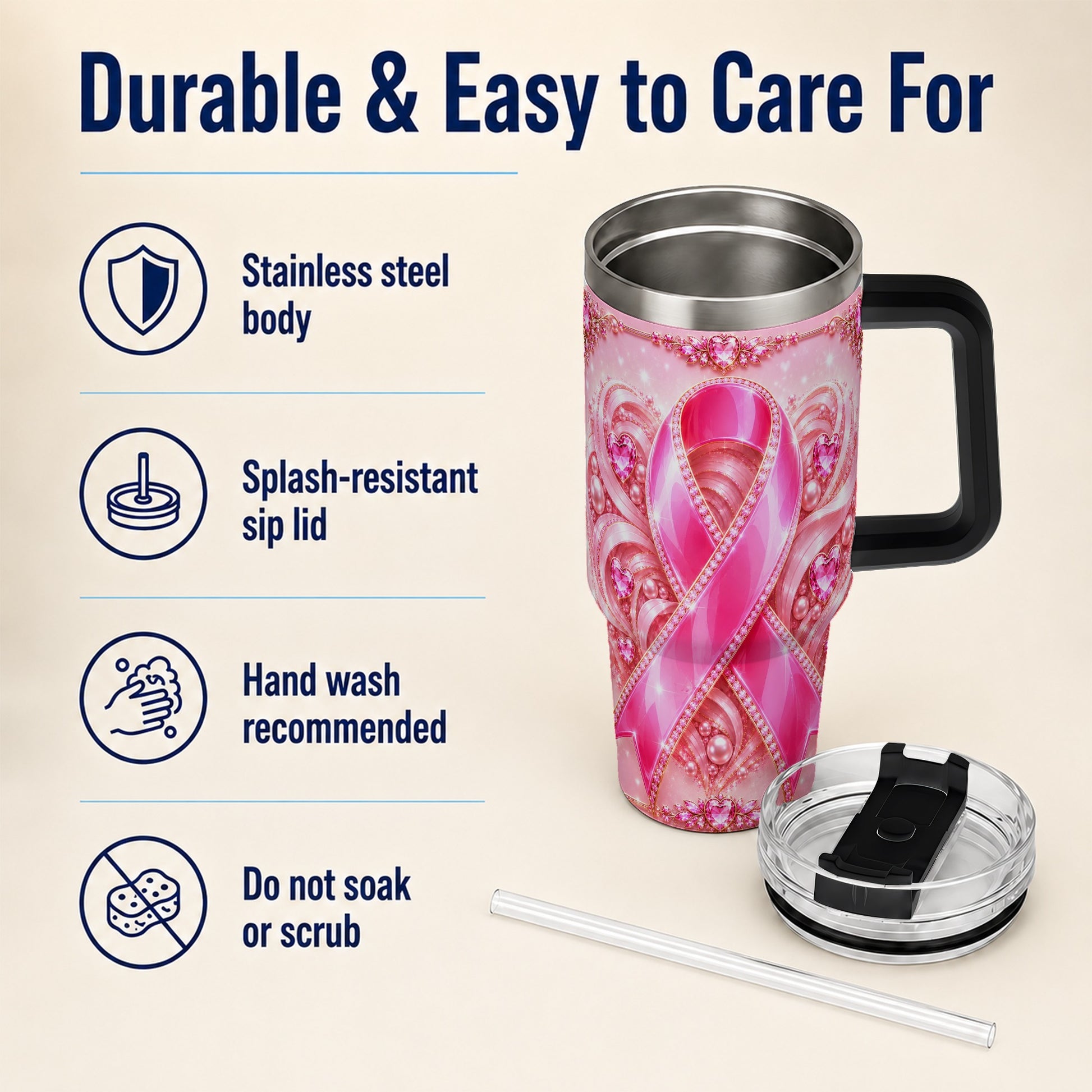 #pl[40oz|Black] Awareness Ribbon 40oz Tumbler with Handle, Heart Theme Travel Cup