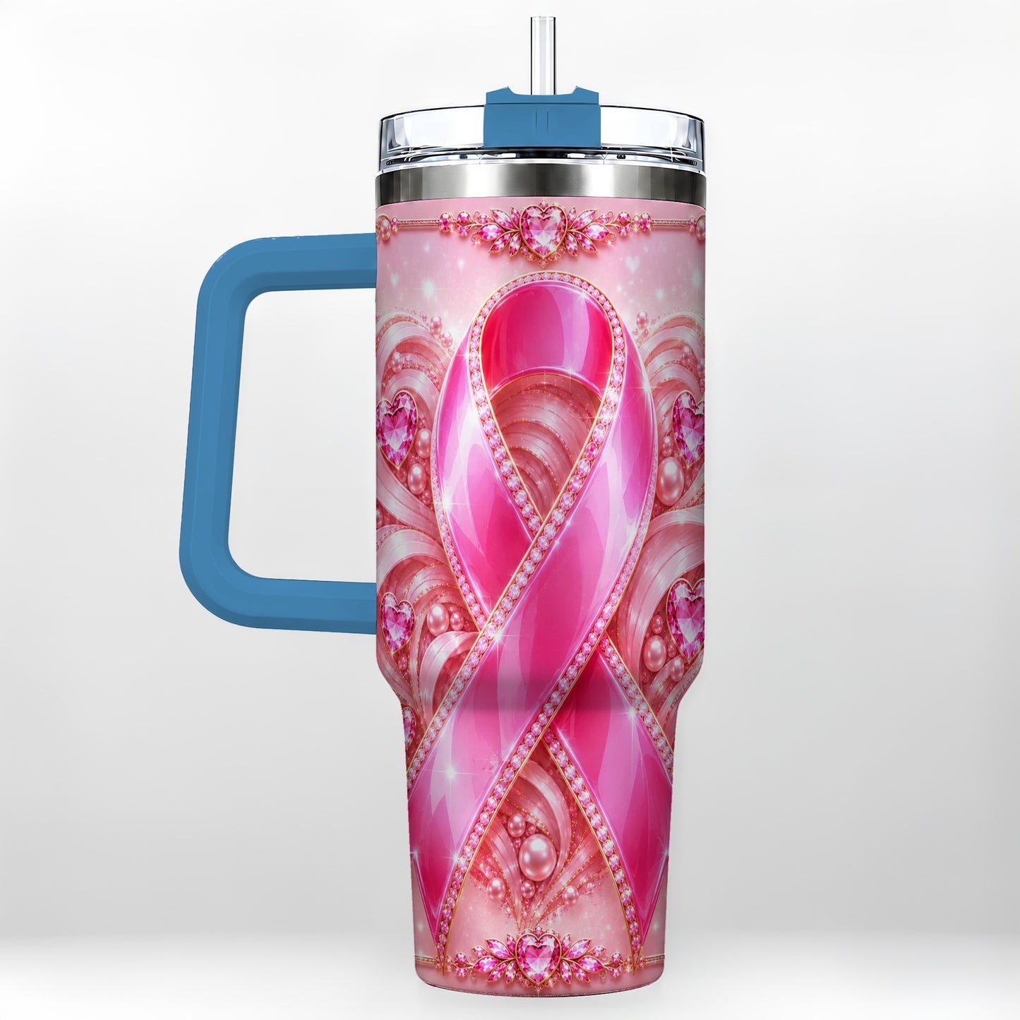 #pl[40oz|Blue] Awareness Ribbon 40oz Tumbler with Handle, Heart Theme Travel Cup