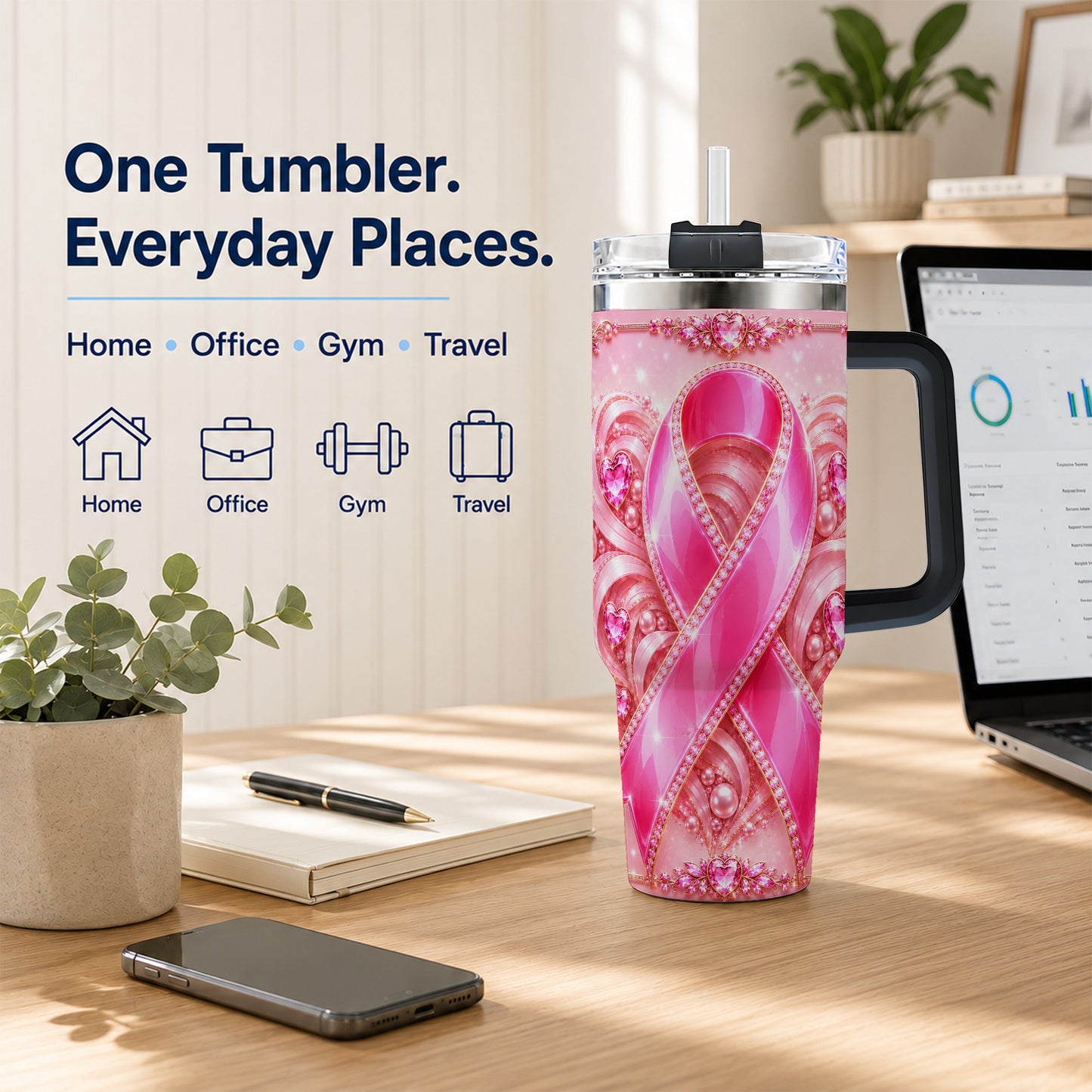 #pl[40oz|Black] Awareness Ribbon 40oz Tumbler with Handle, Heart Theme Travel Cup