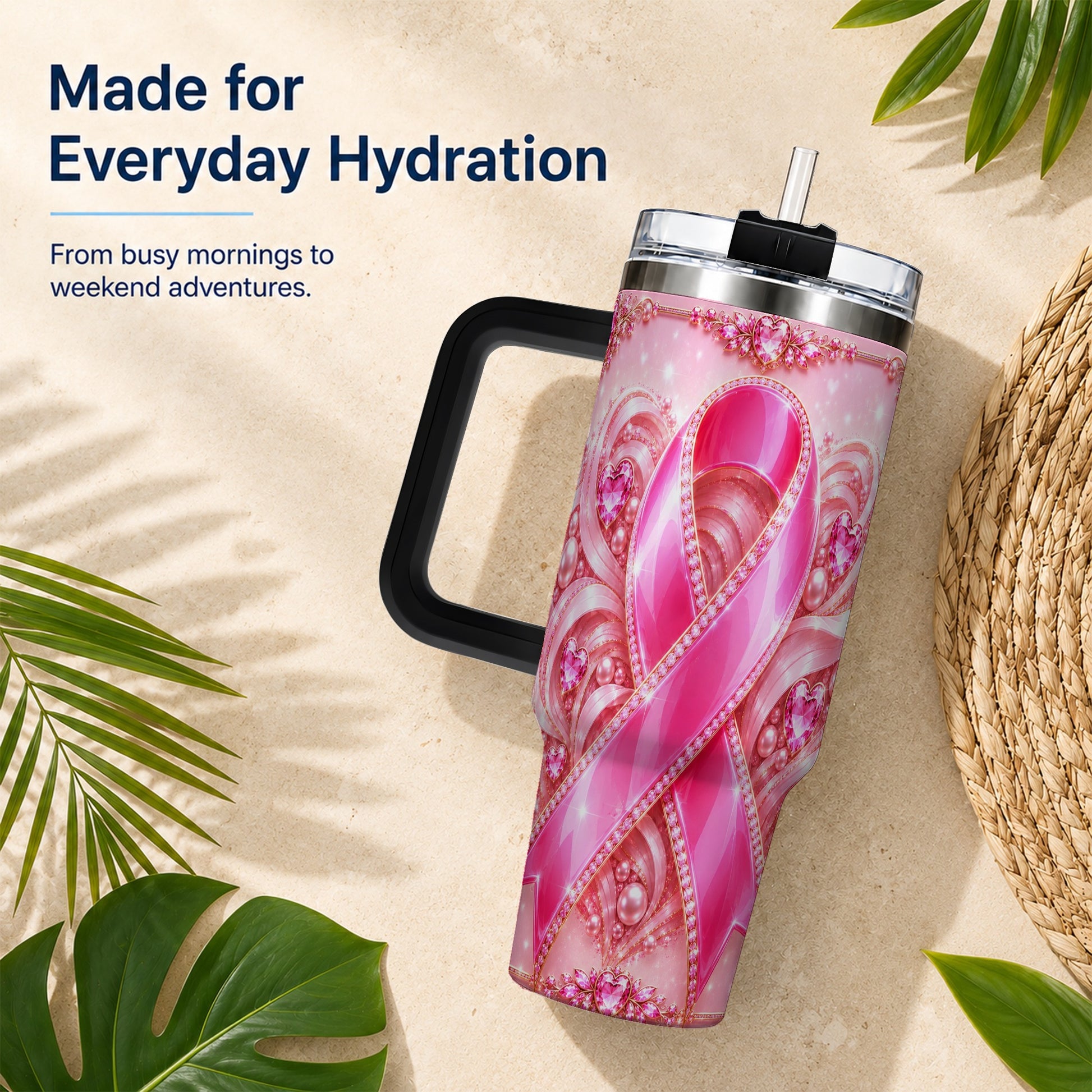 #pl[40oz|Black] Awareness Ribbon 40oz Tumbler with Handle, Heart Theme Travel Cup