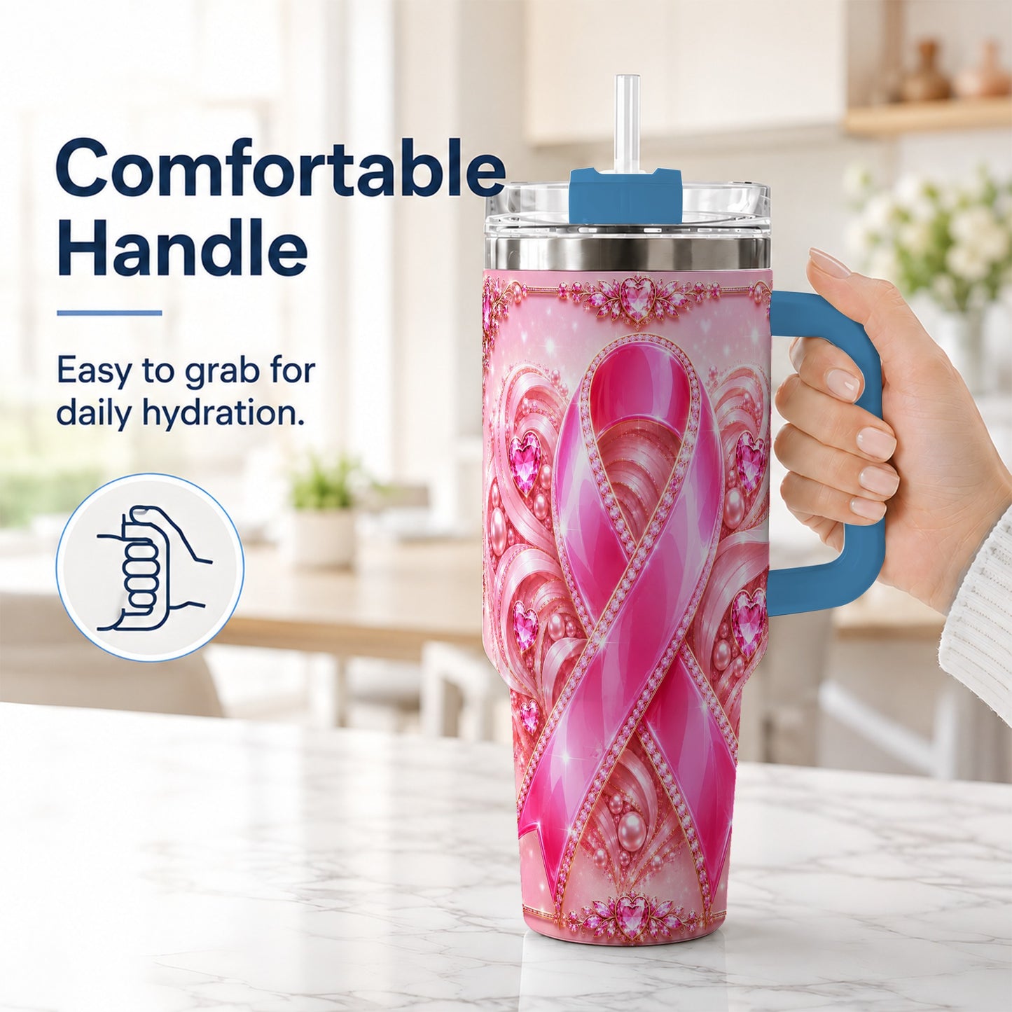 #pl[40oz|Blue] Awareness Ribbon 40oz Tumbler with Handle, Heart Theme Travel Cup