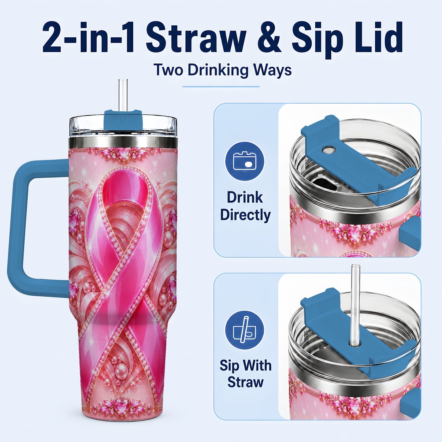 #pl[40oz|Blue] Awareness Ribbon 40oz Tumbler with Handle, Heart Theme Travel Cup