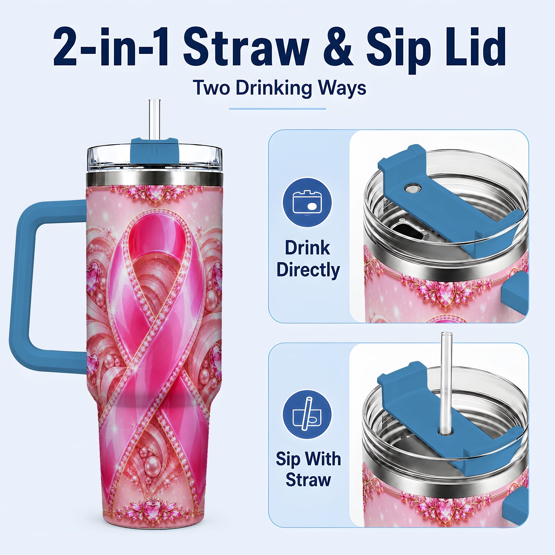#pl[40oz|Blue] Awareness Ribbon 40oz Tumbler with Handle, Heart Theme Travel Cup